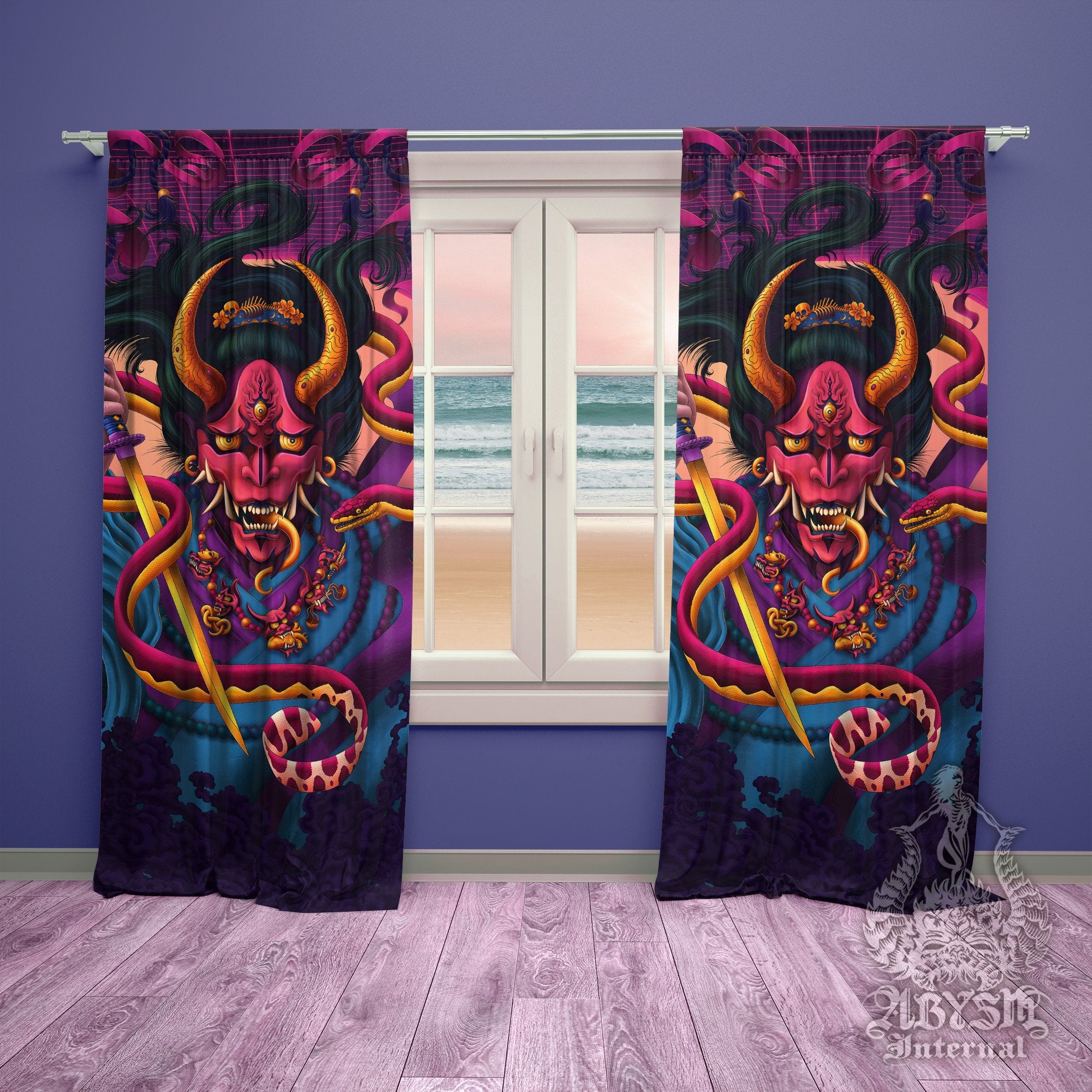Psychedelic Hannya Curtains, 50x84' Printed Window Panels, Japanese Demon, Dark Fantasy Decor, Anime and Game Room Art Print - Snake, Vaporwave - Abysm Internal