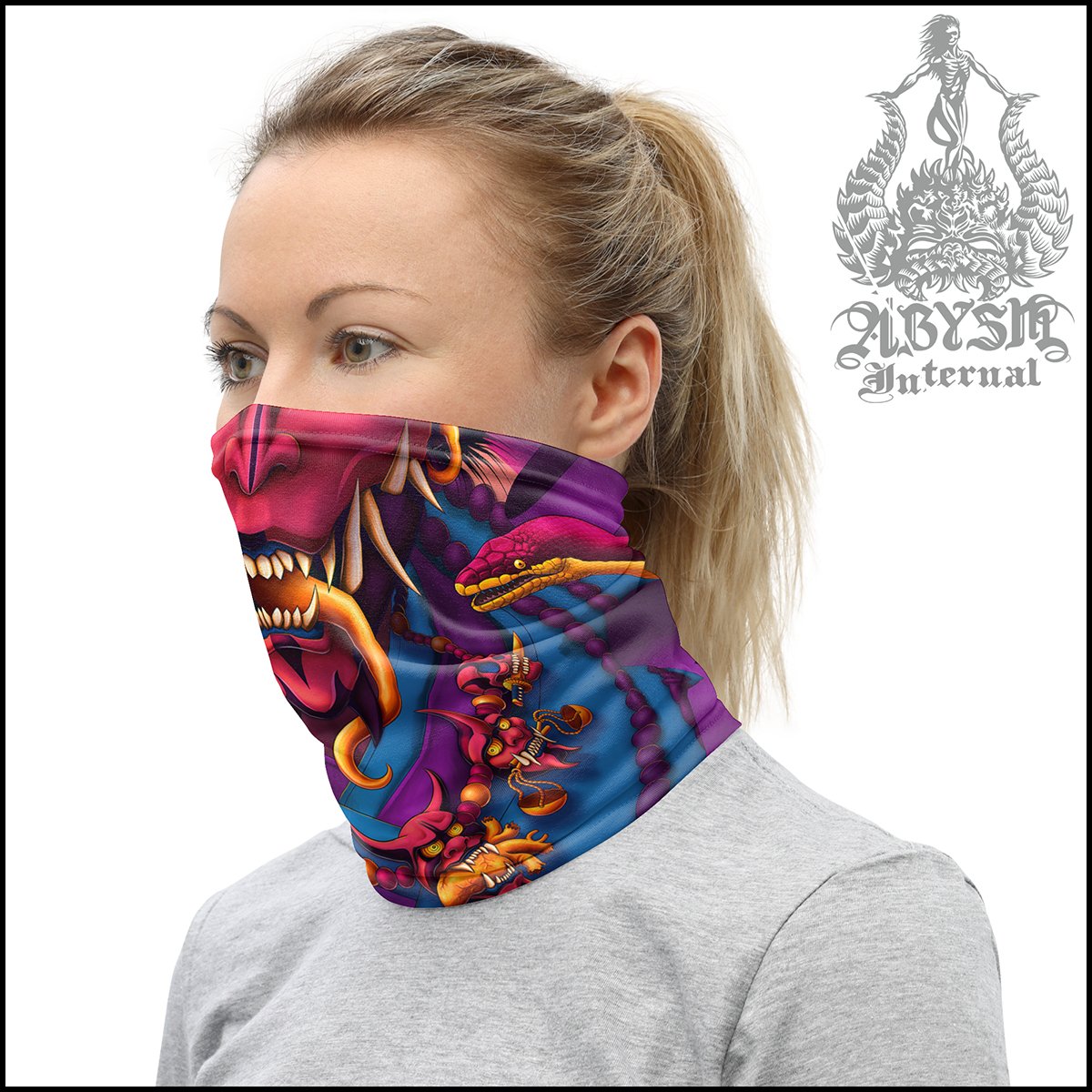 Psychedelic Oni Neck Gaiter, Trippy Hannya Face Mask, Japanese Demon Printed Head Covering, Rave Street Outfit, Snake, Fangs, Headband - Vaporwave - Abysm Internal