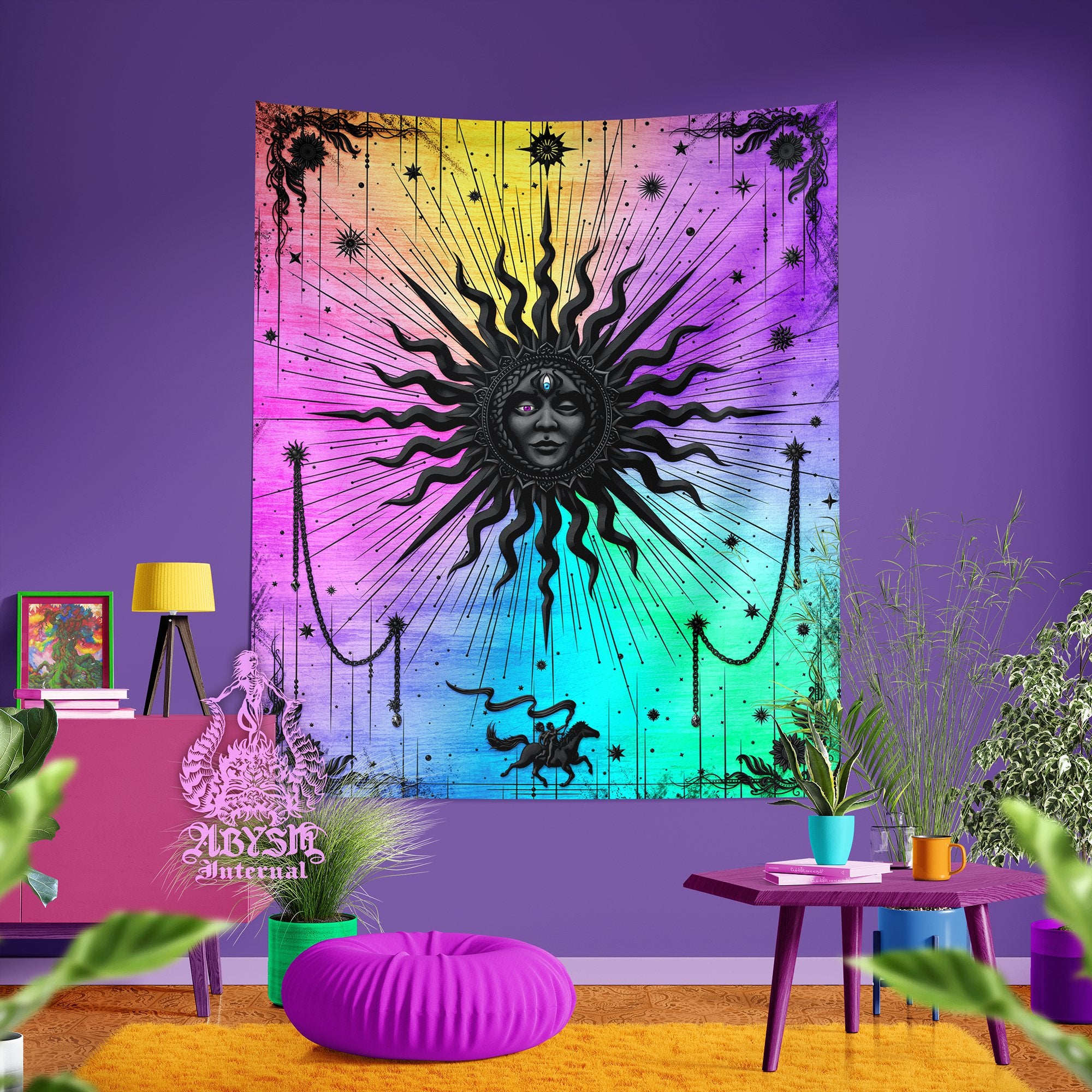 Psychedelic Sun Tapestry, Trippy Tarot Card Arcana Wall Hanging, Magic and Esoteric Art, Boho and Indie Home Decor, Vertical Print - Pastel Black - Abysm Internal