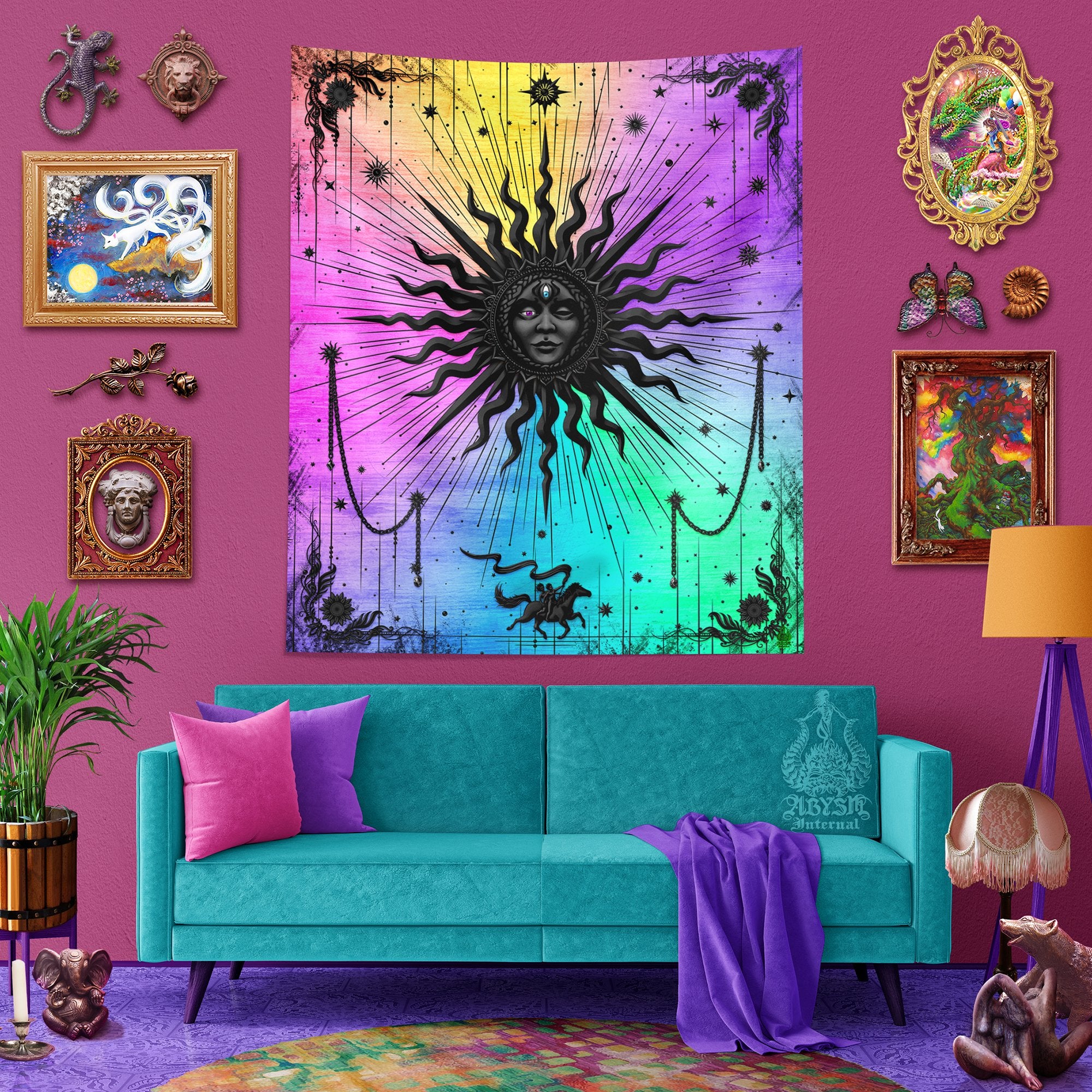 Psychedelic Sun Tapestry, Trippy Tarot Card Arcana Wall Hanging, Magic and Esoteric Art, Boho and Indie Home Decor, Vertical Print - Pastel Black - Abysm Internal