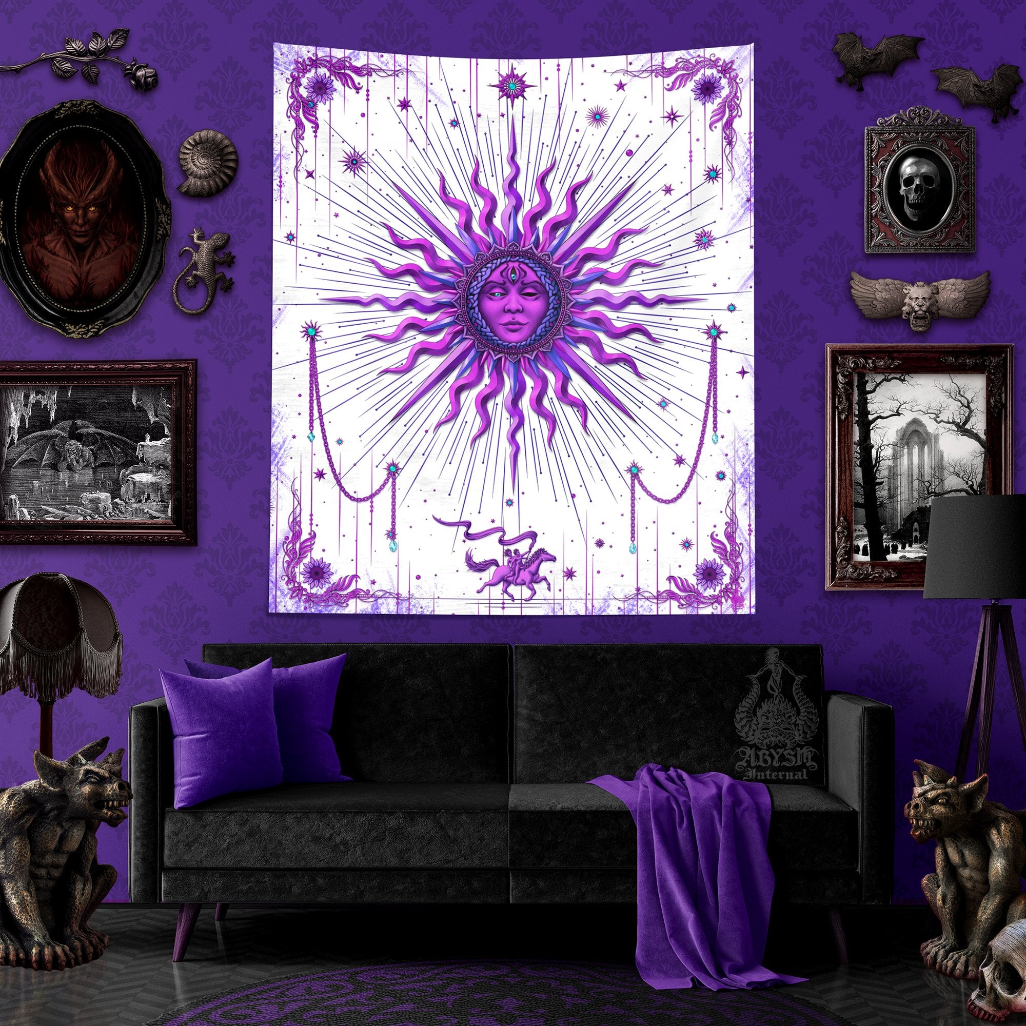 Purple Sun Tapestry, Tarot Card Arcana Wall Hanging, White Goth Witchy Home, Magic and Esoteric Art, Gothic Witch's Room Decor, Vertical Print - Abysm Internal