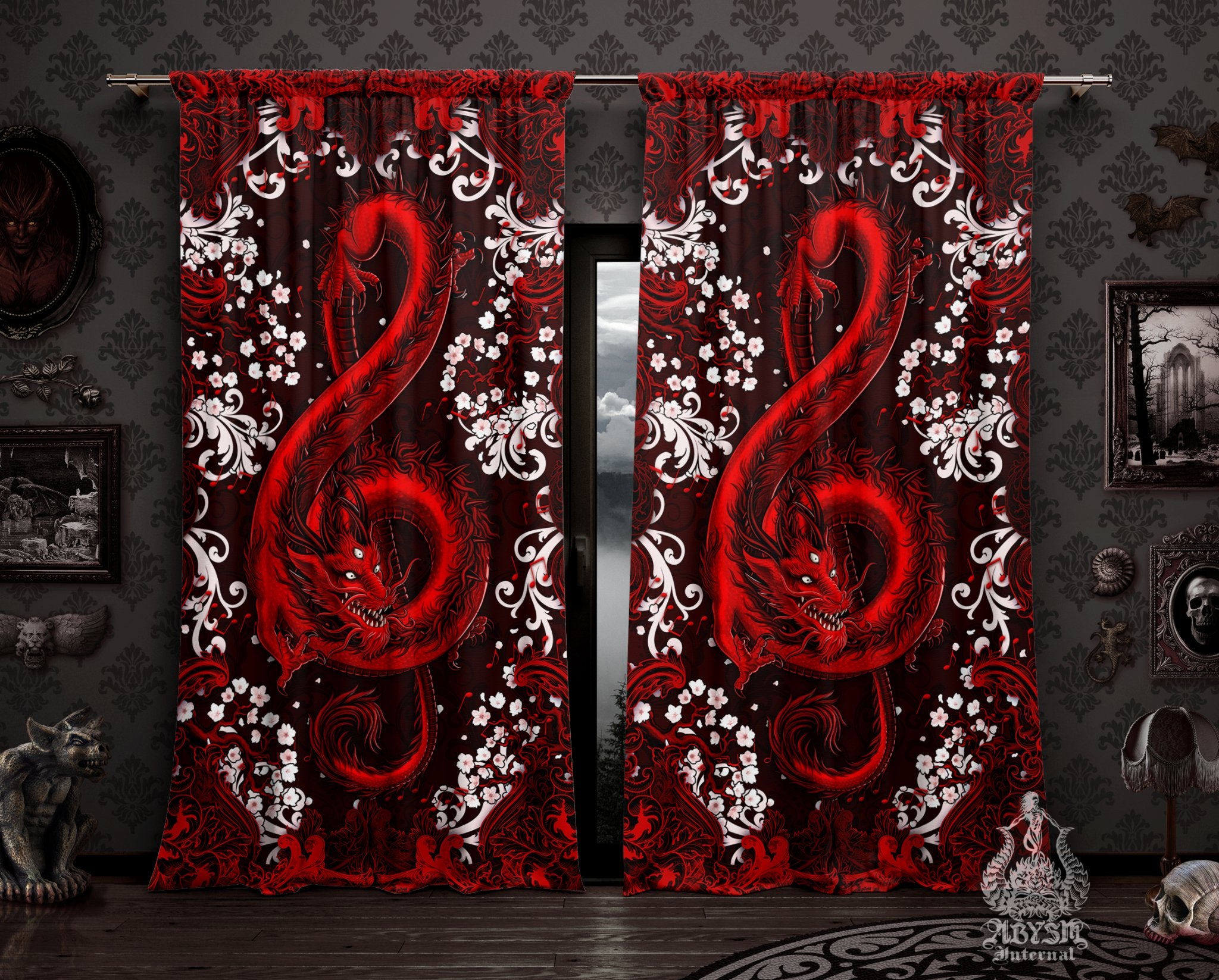 Red Dragon Curtains, 50x84' Printed Window Panels, Treble Clef, Music Art Print, Gothic Home Decor - Bloody Goth, Black - Abysm Internal