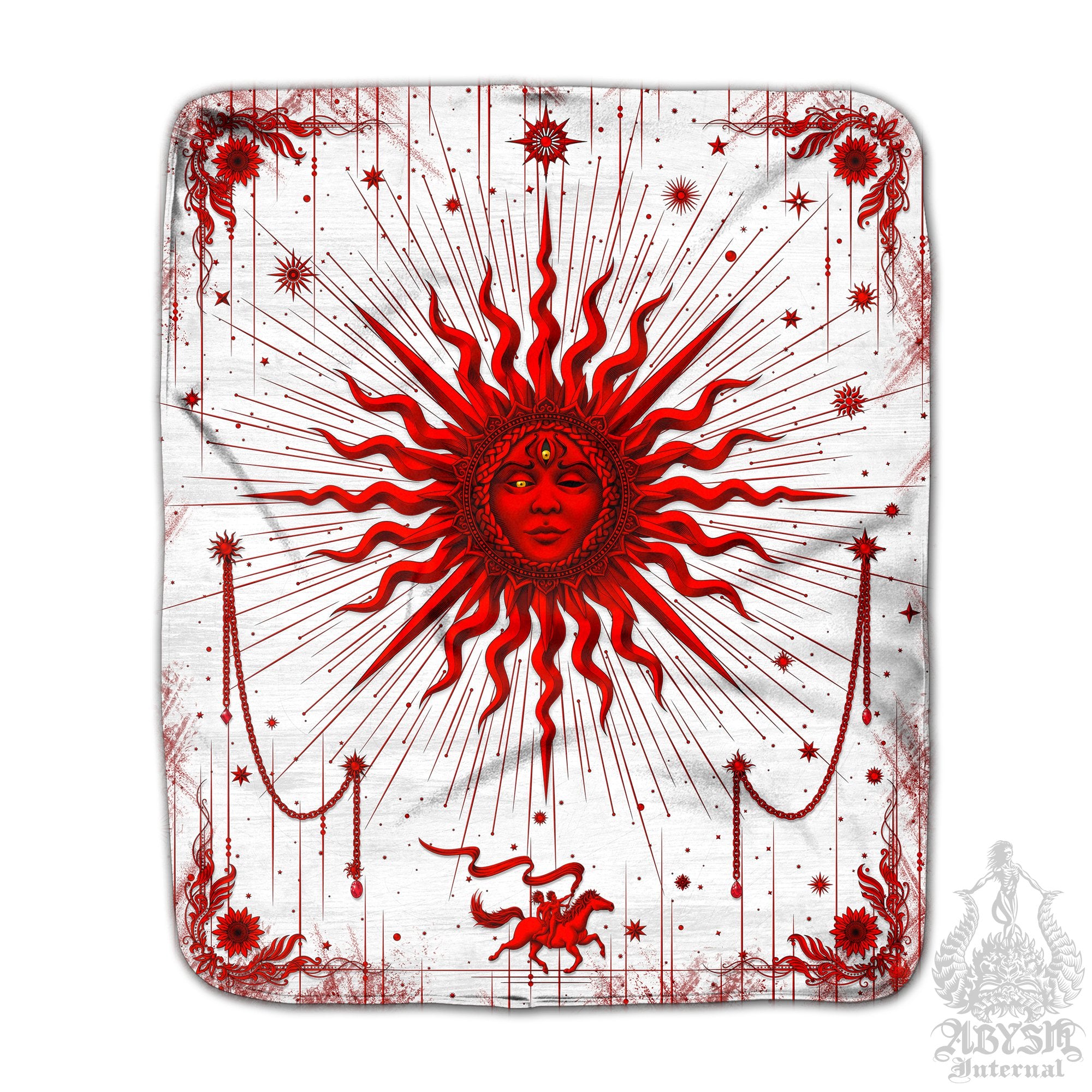 Red Magic Sun Sherpa Fleece Throw Blanket, Witch Esoteric Room, Tarot Arcana Art, White Goth Home Decor, Fortune Gift - Abysm Internal