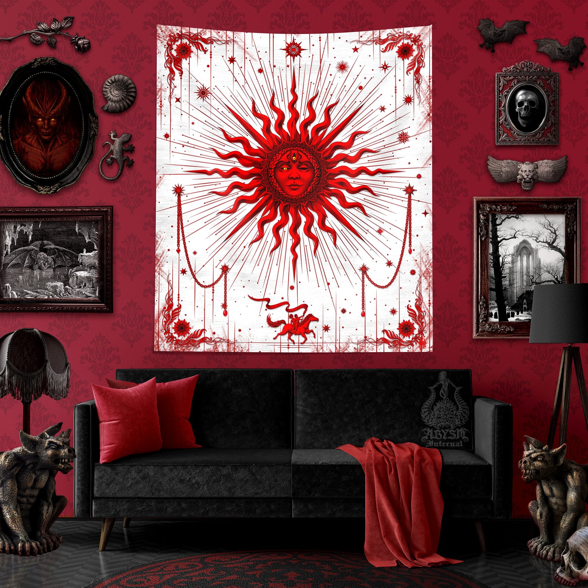 Red Sun Tapestry, Tarot Card Arcana Wall Hanging, White Goth Witchy Home, Gothic Witch's Room Decor, Magic and Esoteric Art, Vertical Print - Abysm Internal