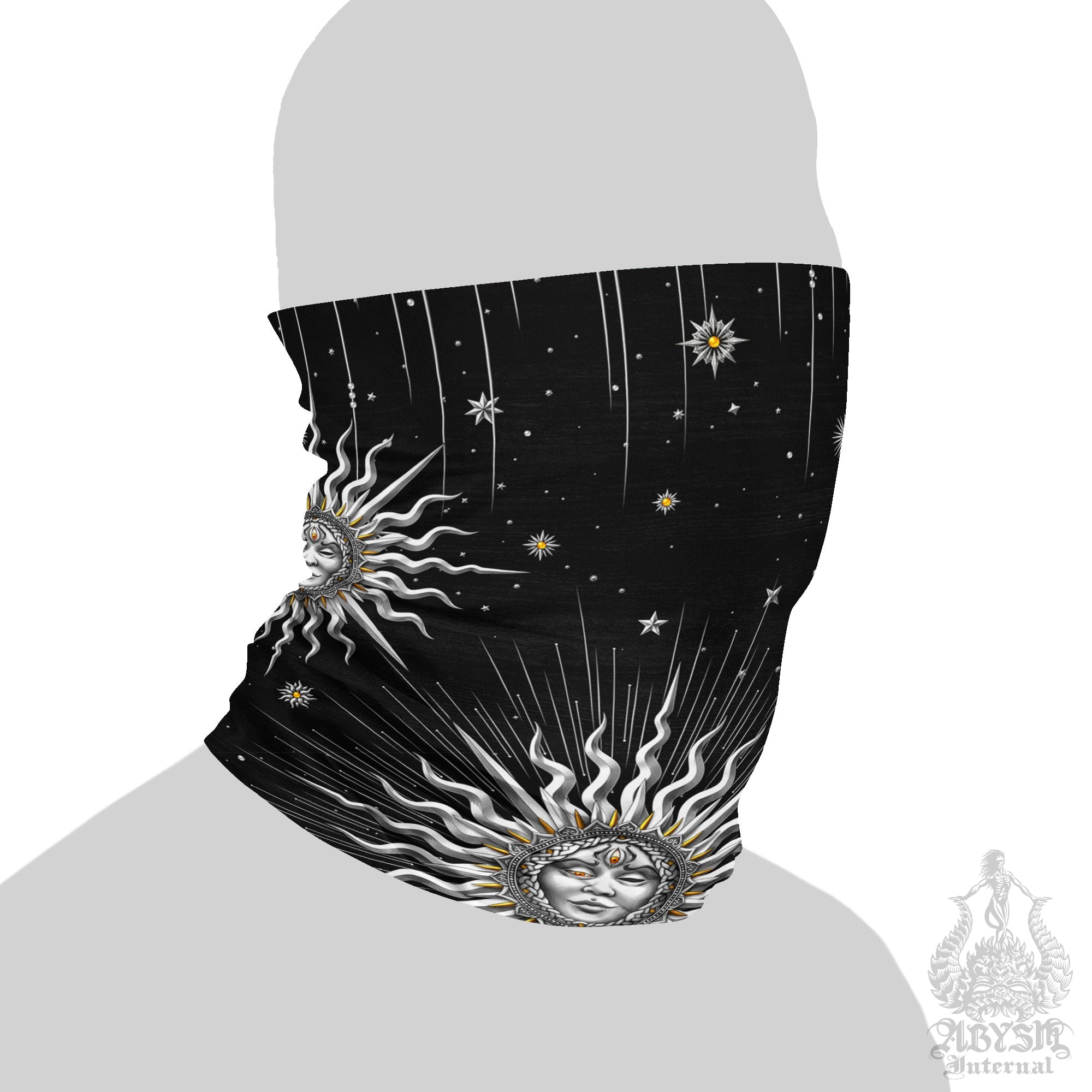 Silver Sun Neck Gaiter, Tarot Arcana Face Mask, Boho Printed Head Covering, Indie Outfit - 7 Colors - Abysm Internal