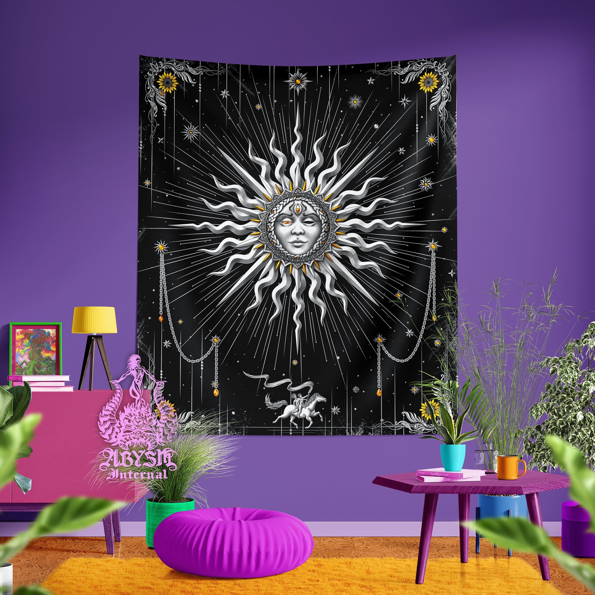 Silver Sun Tapestry, Tarot Card Arcana Wall Hanging, Esoteric and Magic Art, Indie and Boho Home Decor, Vertical Print - 7 Colors - Abysm Internal