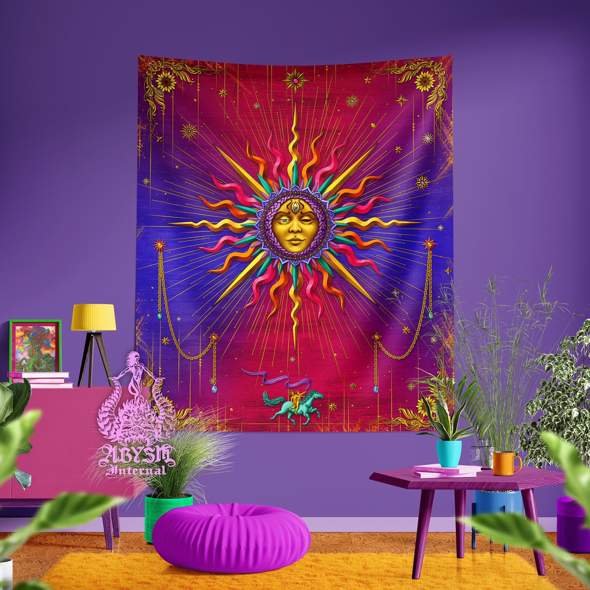 Sun Tapestry, Tarot Card Arcana Wall Hanging, Magic and Esoteric Art, Boho and Indie Home Decor, Vertical Print - Psy - Abysm Internal