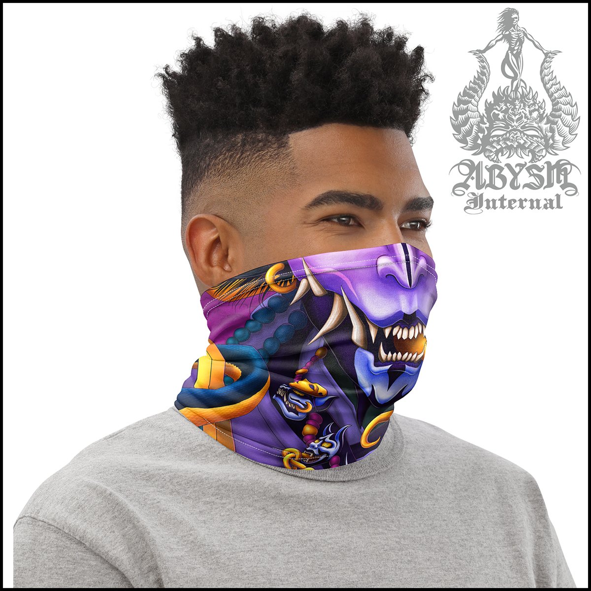 Trippy Demon Neck Gaiter, Pastel Oni Face Mask, Japanese Hannya Printed Head Covering, Psychedelic Street Outfit, Snake, Fangs, Headband - Black - Abysm Internal