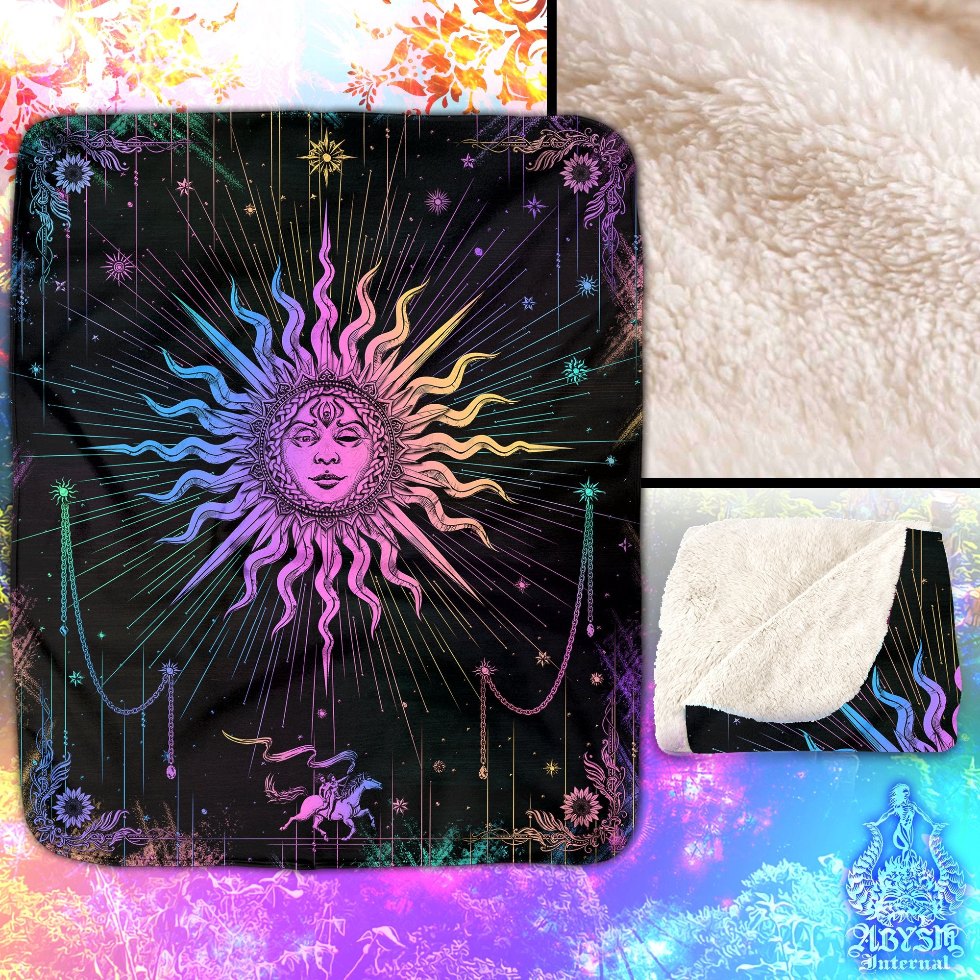 Trippy Sun Sherpa Fleece Throw Blanket, Psychedelic Esoteric Room, Tarot Arcana Art, Indie & Boho Home Decor, Fortune Gift - Pastel Dark - Abysm Internal