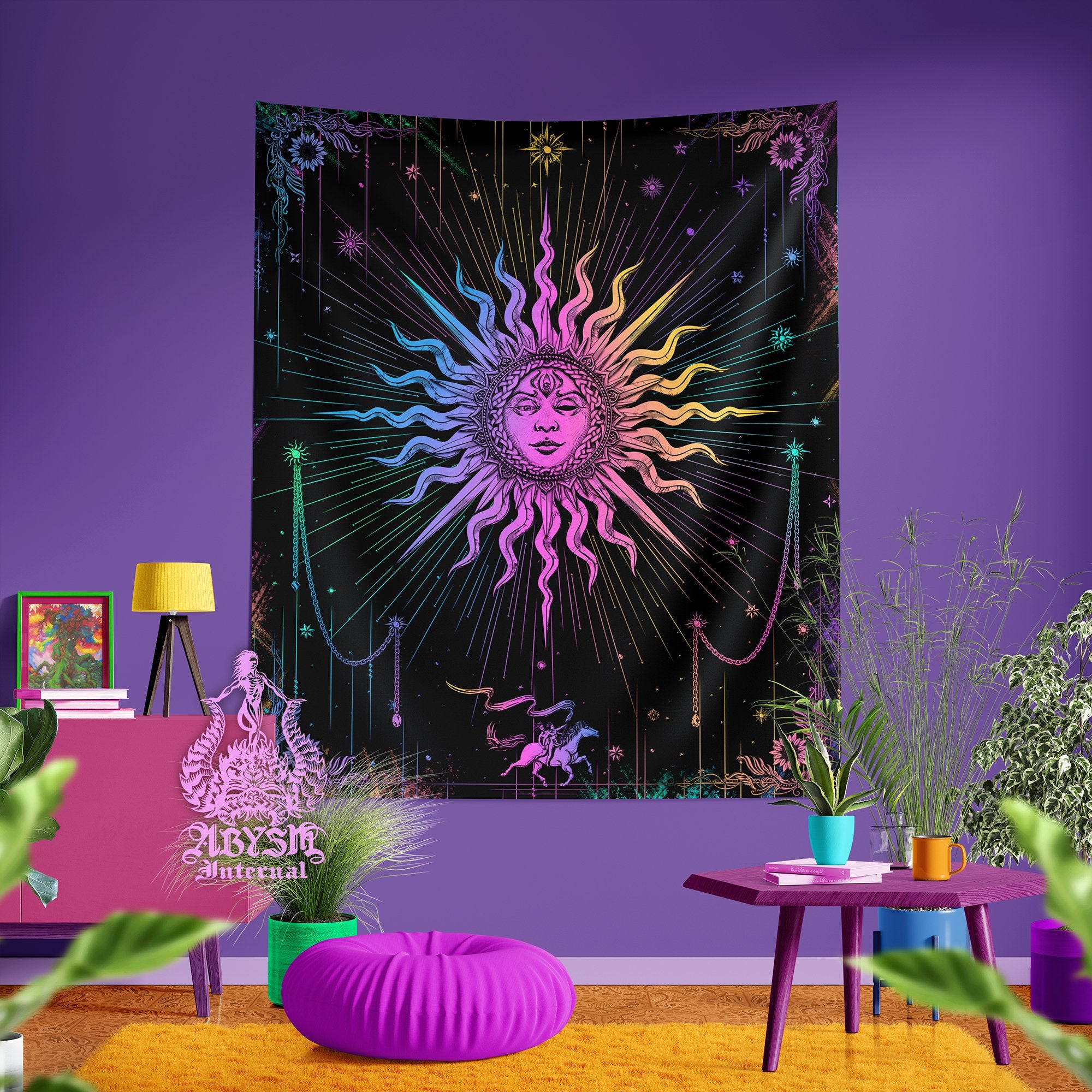 Trippy Sun Tapestry, Psychedelic Tarot Card Arcana Wall Hanging, Magic and Esoteric Art, Indie and Boho Home Decor, Vertical Print - Pastel Dark - Abysm Internal
