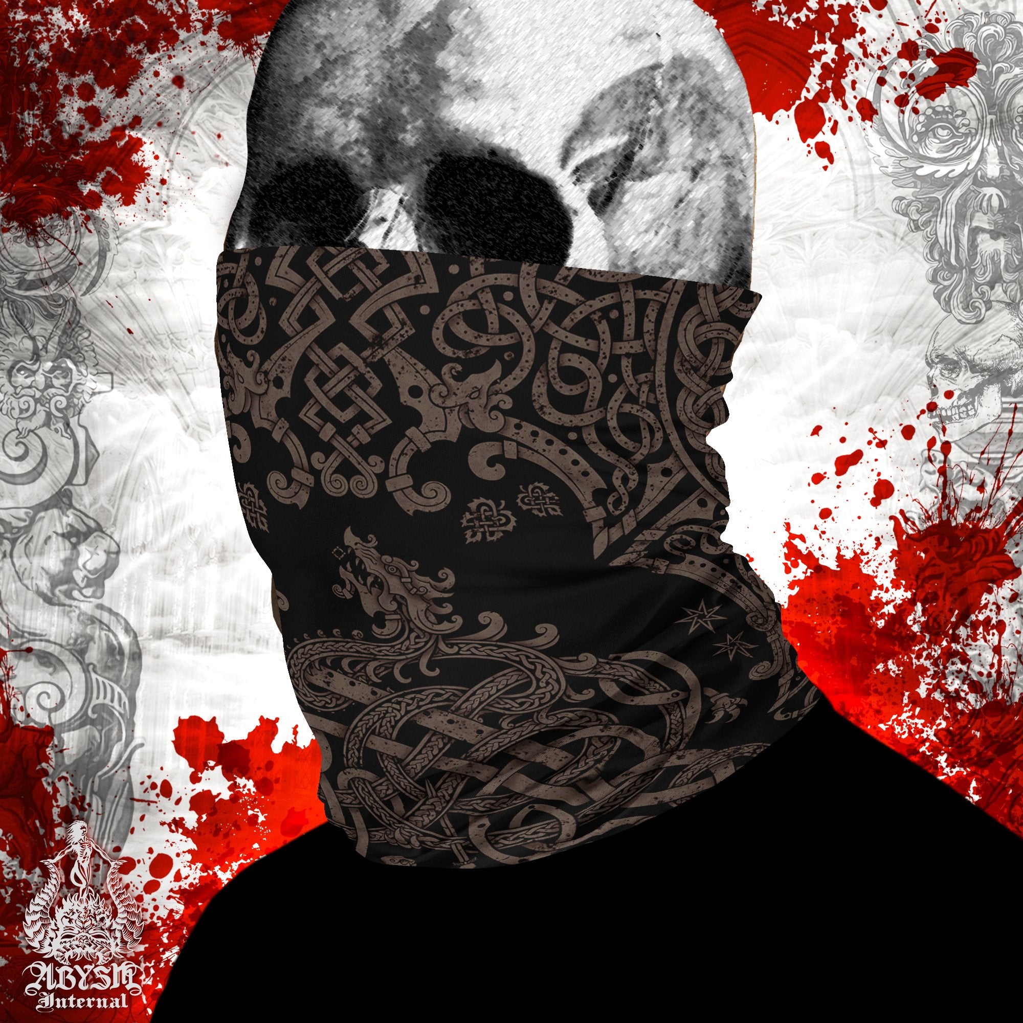Viking Neck Gaiter, Nordic Art Face Mask, Printed Head Covering, Norse Dragon Fafnir - Black Grey Grit - Abysm Internal