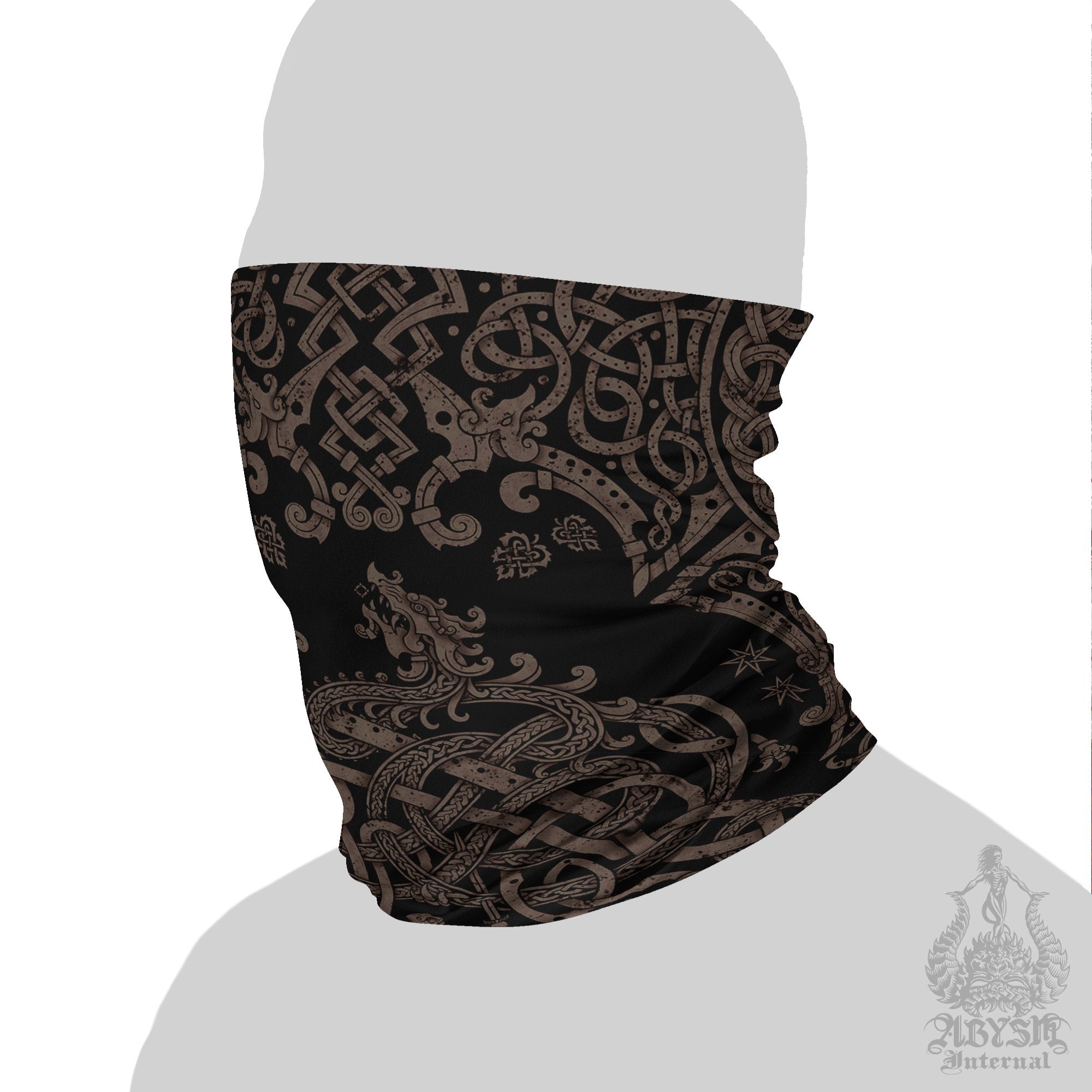 Viking Neck Gaiter, Nordic Art Face Mask, Printed Head Covering, Norse Dragon Fafnir - Black Grey Grit - Abysm Internal