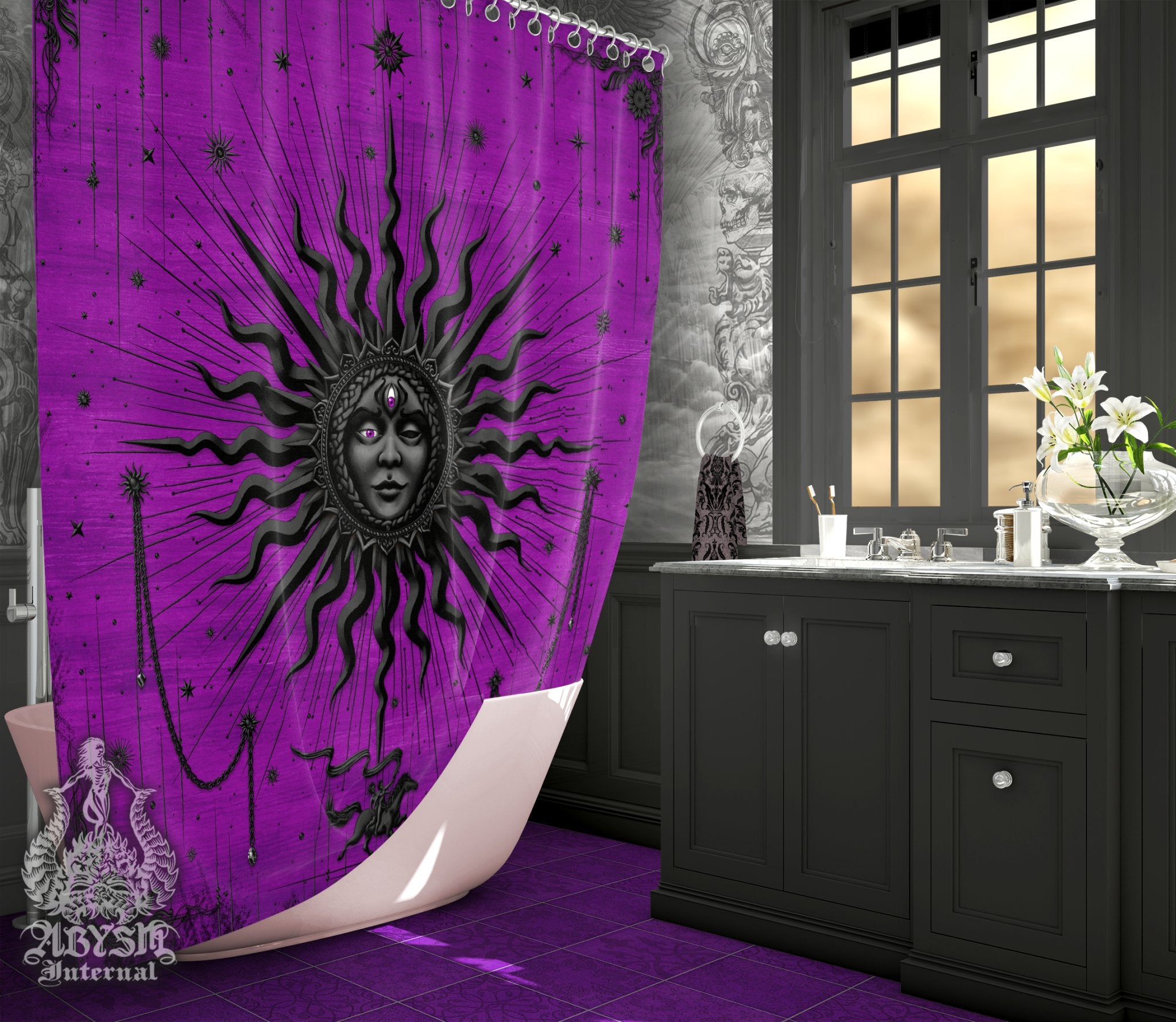 Whimsical Sun Shower Curtain, 71x74 inches, Witchy Bathroom Decor, Esoteric Art Print, Tarot Arcana, Pastel Goth Home - Purple Black - Abysm Internal