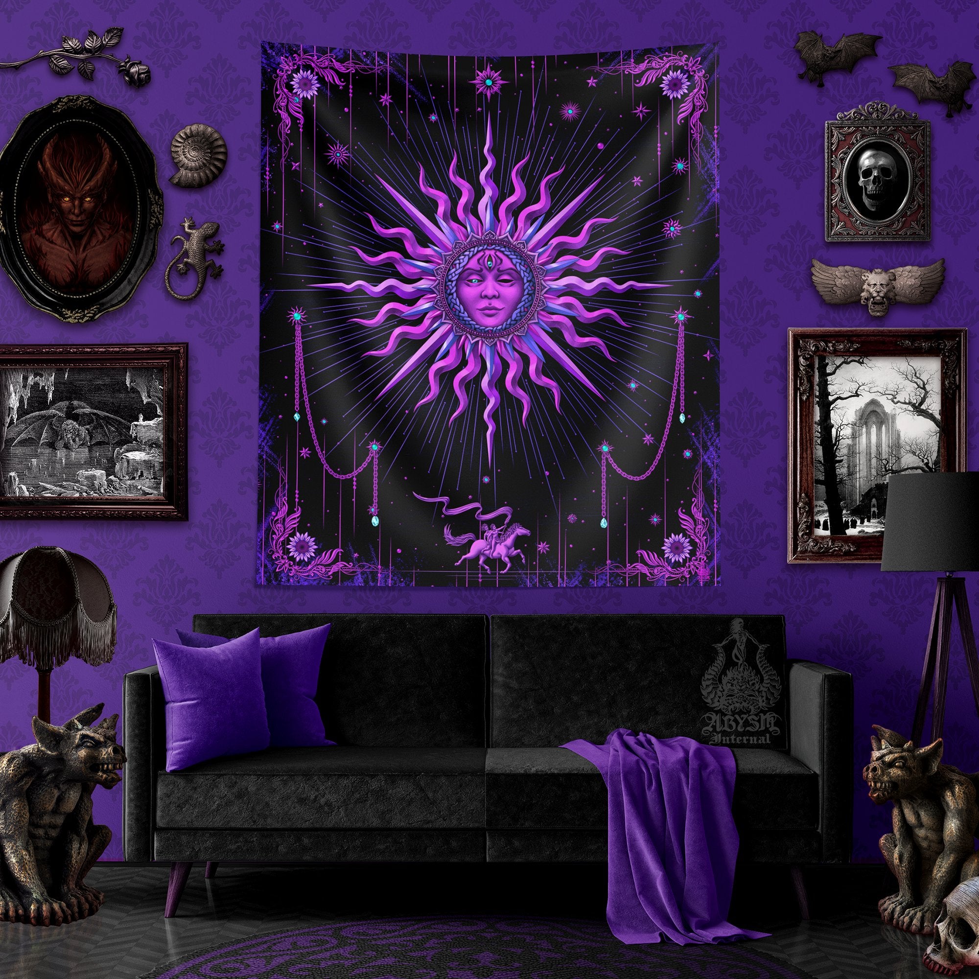 Whimsical Sun Tapestry, Gothic Tarot Card Arcana Wall Hanging, Pastel Goth Witch's Room Decor, Witchy Home, Magic and Esoteric Art, Vertical Print - Purple Black - Abysm Internal