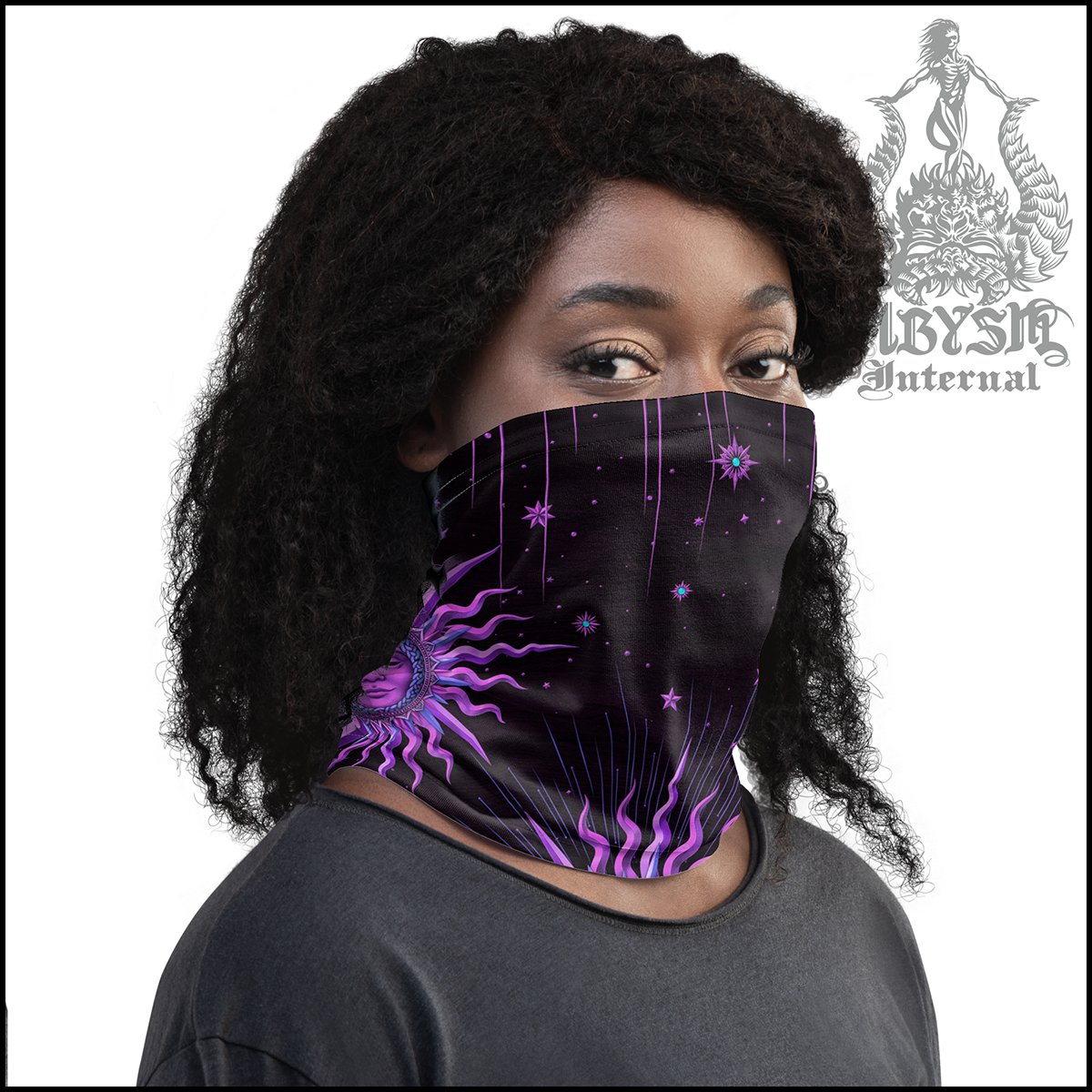 Whimsigoth Neck Gaiter, Pastel Goth Tarot Arcana Sun Face Mask, Witch Printed Head Covering, Witchy Outfit - Purple, Black - Abysm Internal