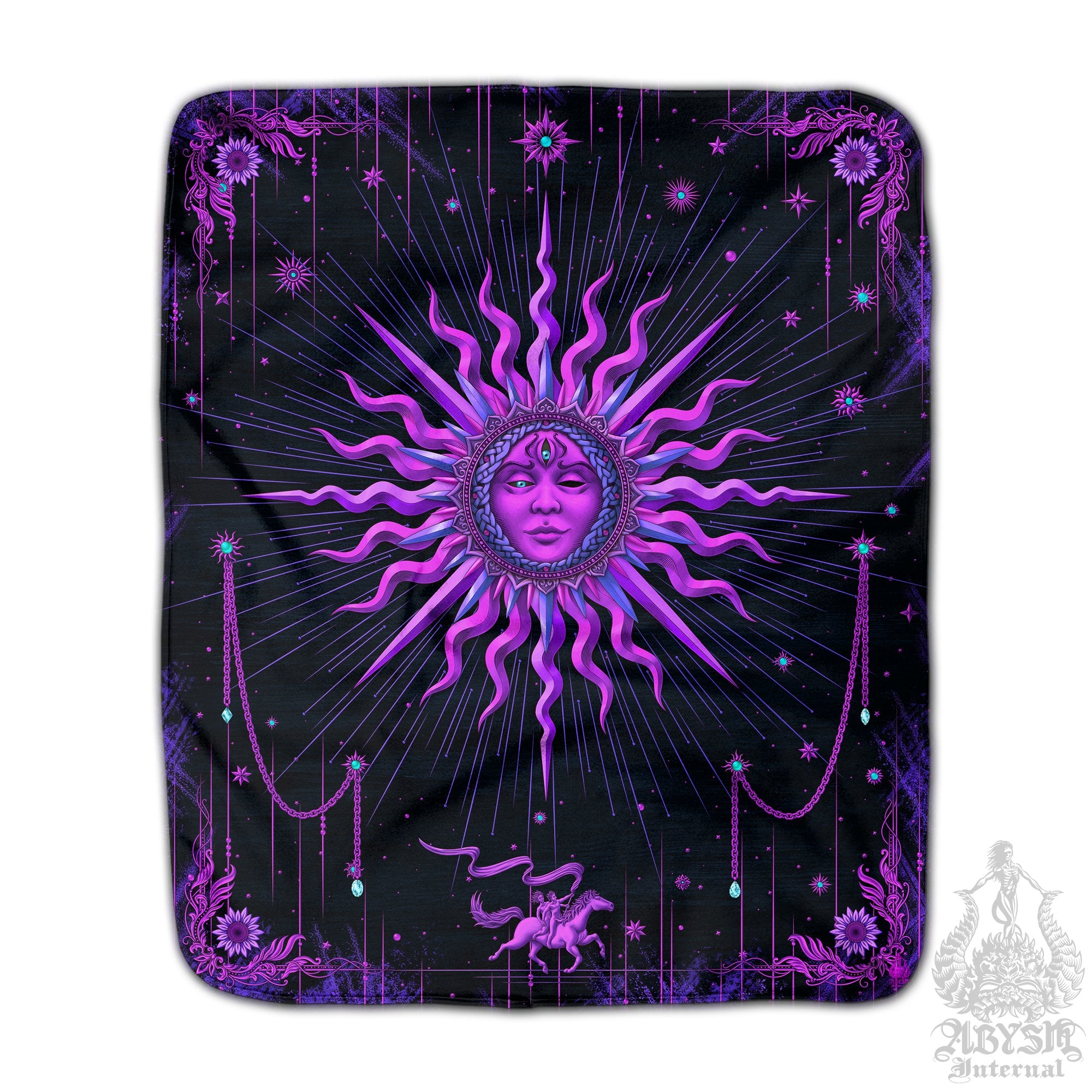 Whimsigoth Sun Sherpa Fleece Throw Blanket, Pastel Goth Tarot Arcana Art, Witchy Esoteric Room, Good Witch Home Decor, Fortune Gift - Purple Black - Abysm Internal