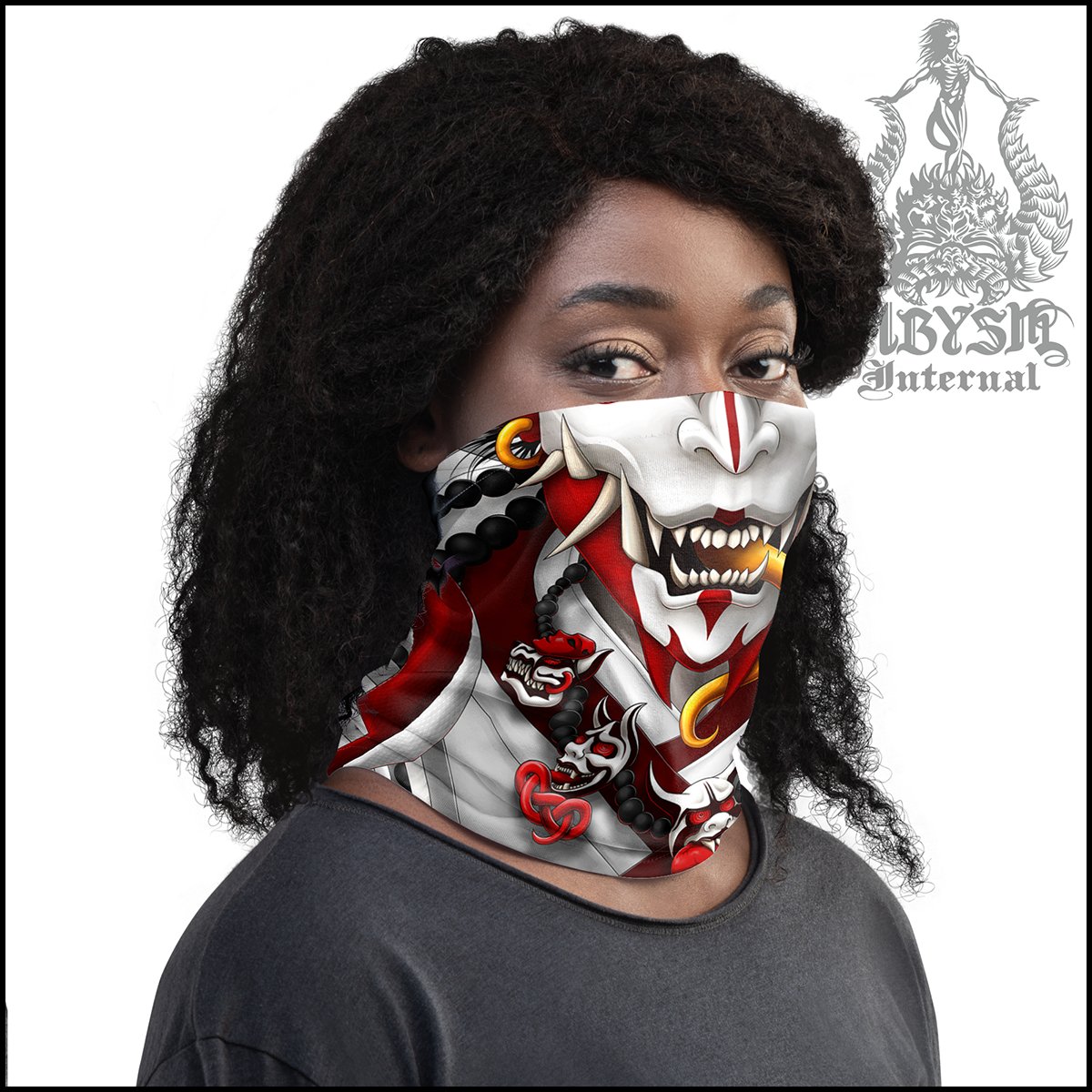White Demon Neck Gaiter, Oni Face Mask, Japanese Hannya Printed Head Covering, Goth Street Outfit, Snake, Fangs, Headband - Red - Abysm Internal