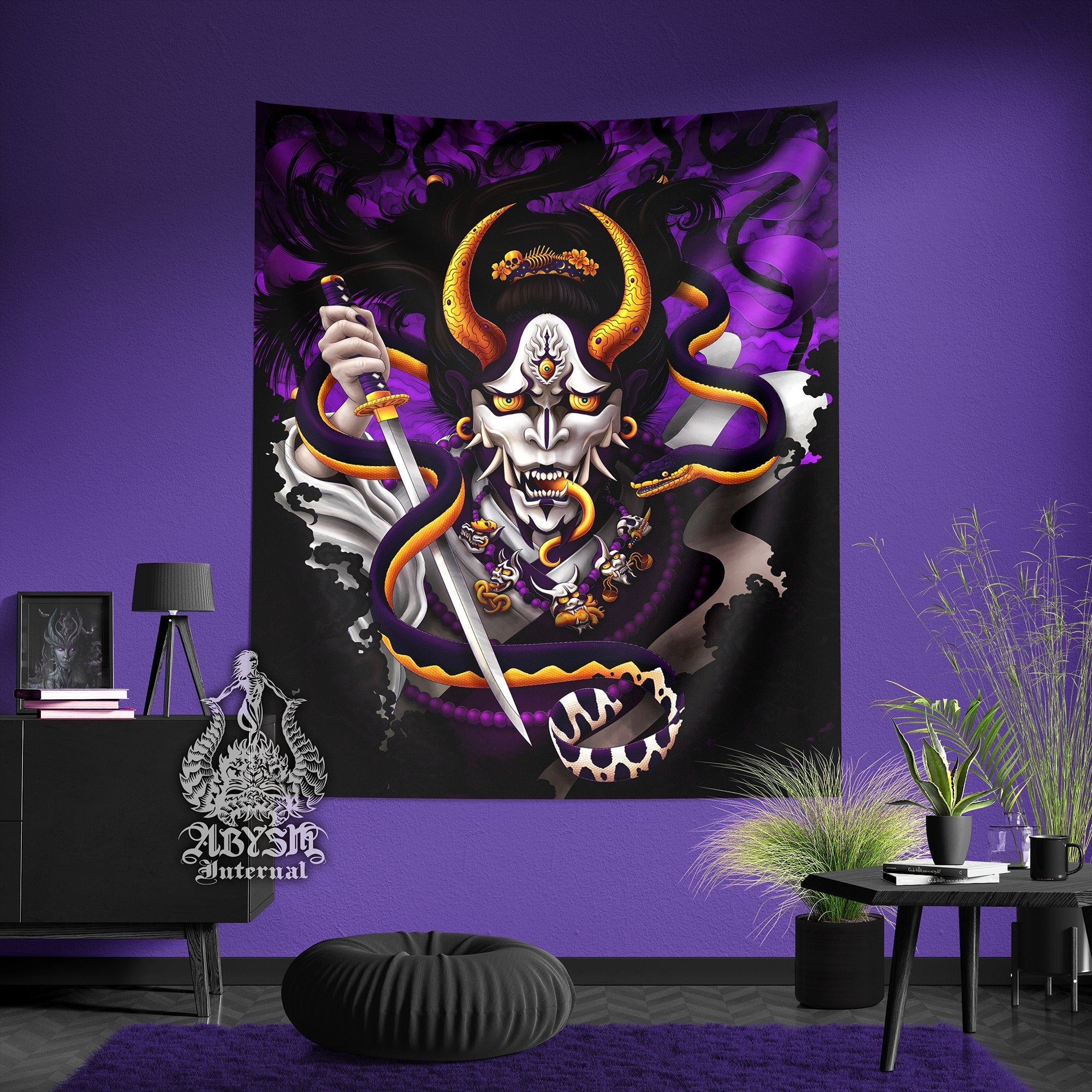 White Goth Hannya Tapestry, Japanese Demon and Snake Wall Hanging, Manga, Anime and Gamer Room Decor, Vertical Art Print - Purple - Abysm Internal