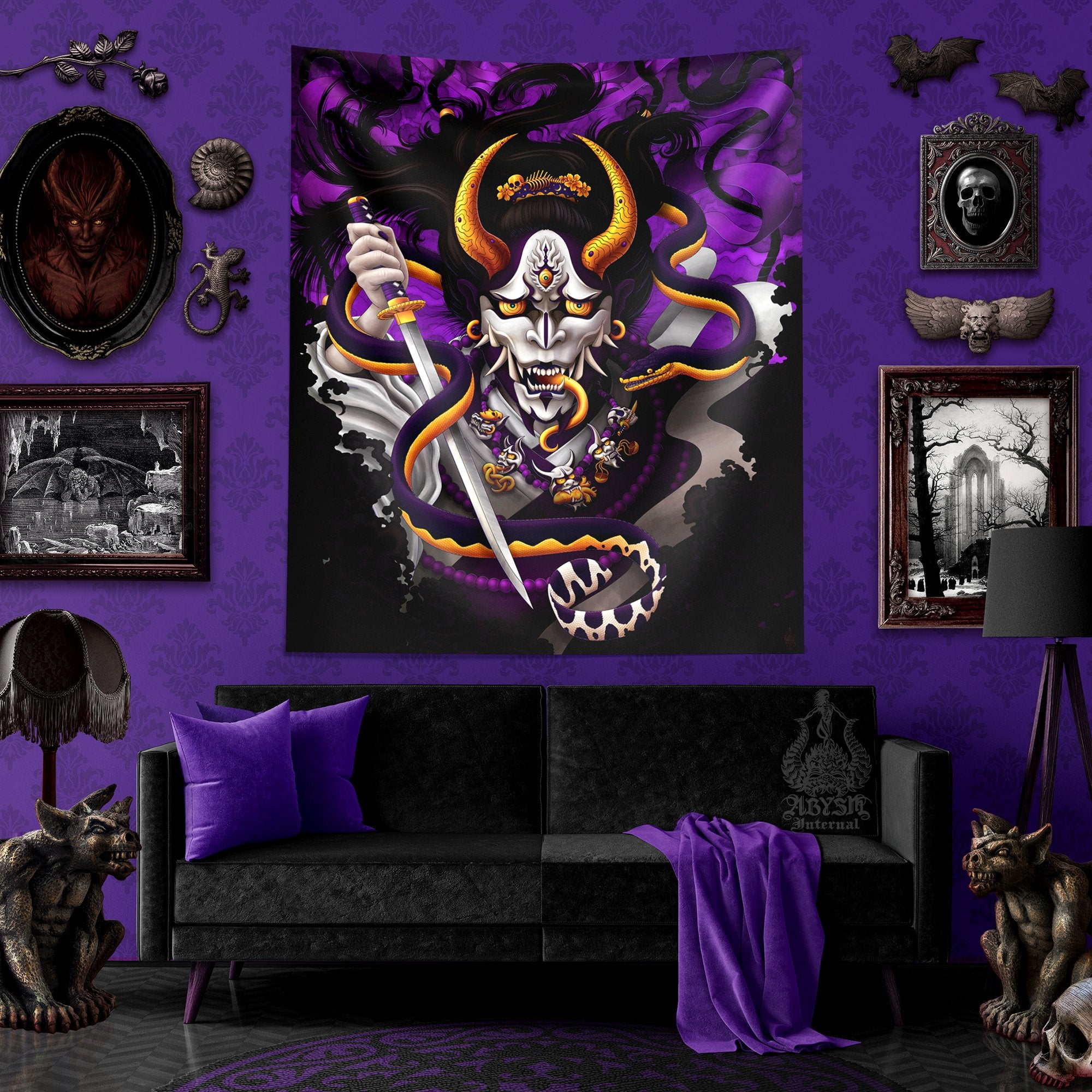 White Goth Hannya Tapestry, Japanese Demon and Snake Wall Hanging, Manga, Anime and Gamer Room Decor, Vertical Art Print - Purple - Abysm Internal