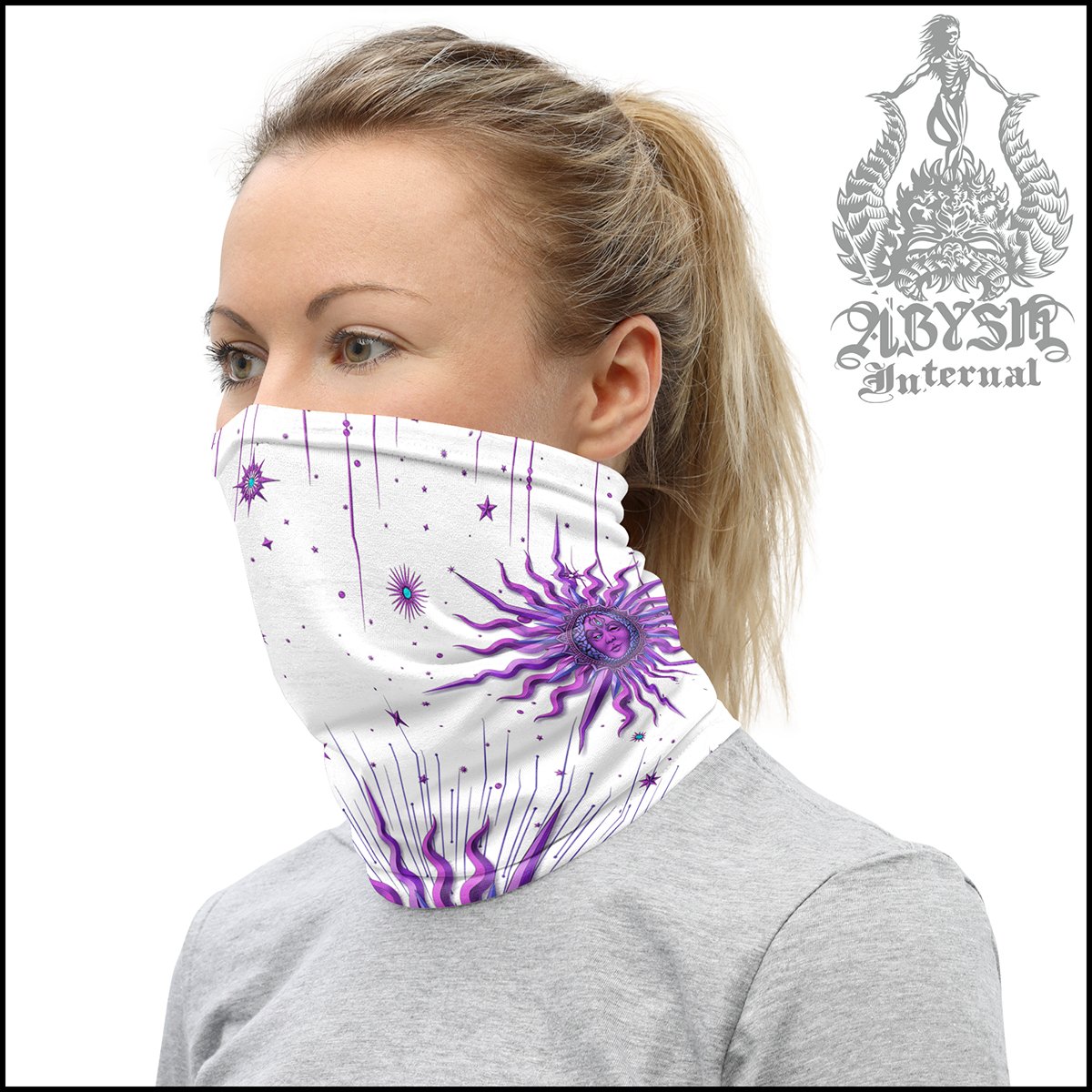 White Goth Neck Gaiter, Boho Tarot Arcana Sun Face Mask, Printed Head Covering, Good Witch Outfit - Purple - Abysm Internal