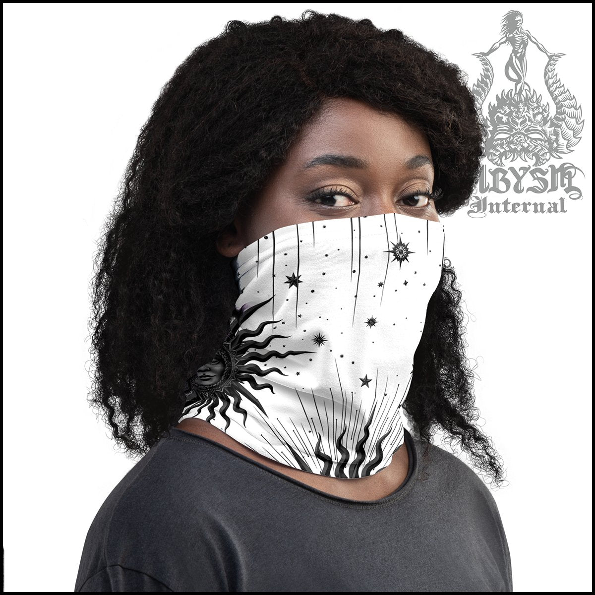 White Goth Neck Gaiter, Witch Tarot Arcana Sun Face Mask, Printed Head Covering, Gothic Outfit - Black - Abysm Internal