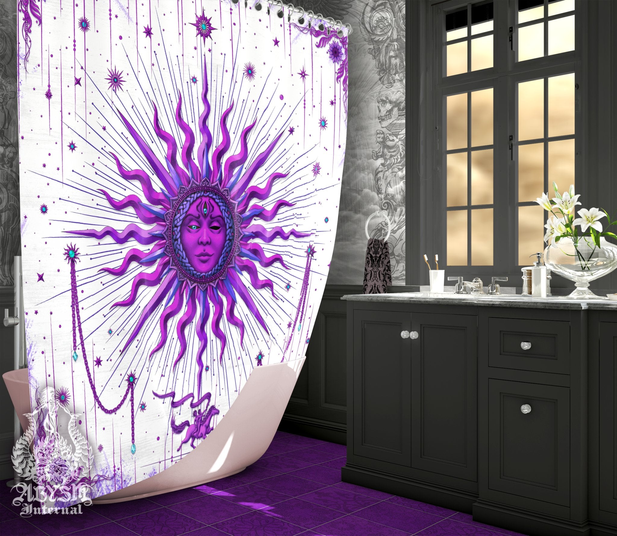 White Goth Purple Sun Shower Curtain, 71x74 inches, Esoteric Art Print, Tarot Arcana, Gothic Bathroom Decor, Alternative Home - Abysm Internal