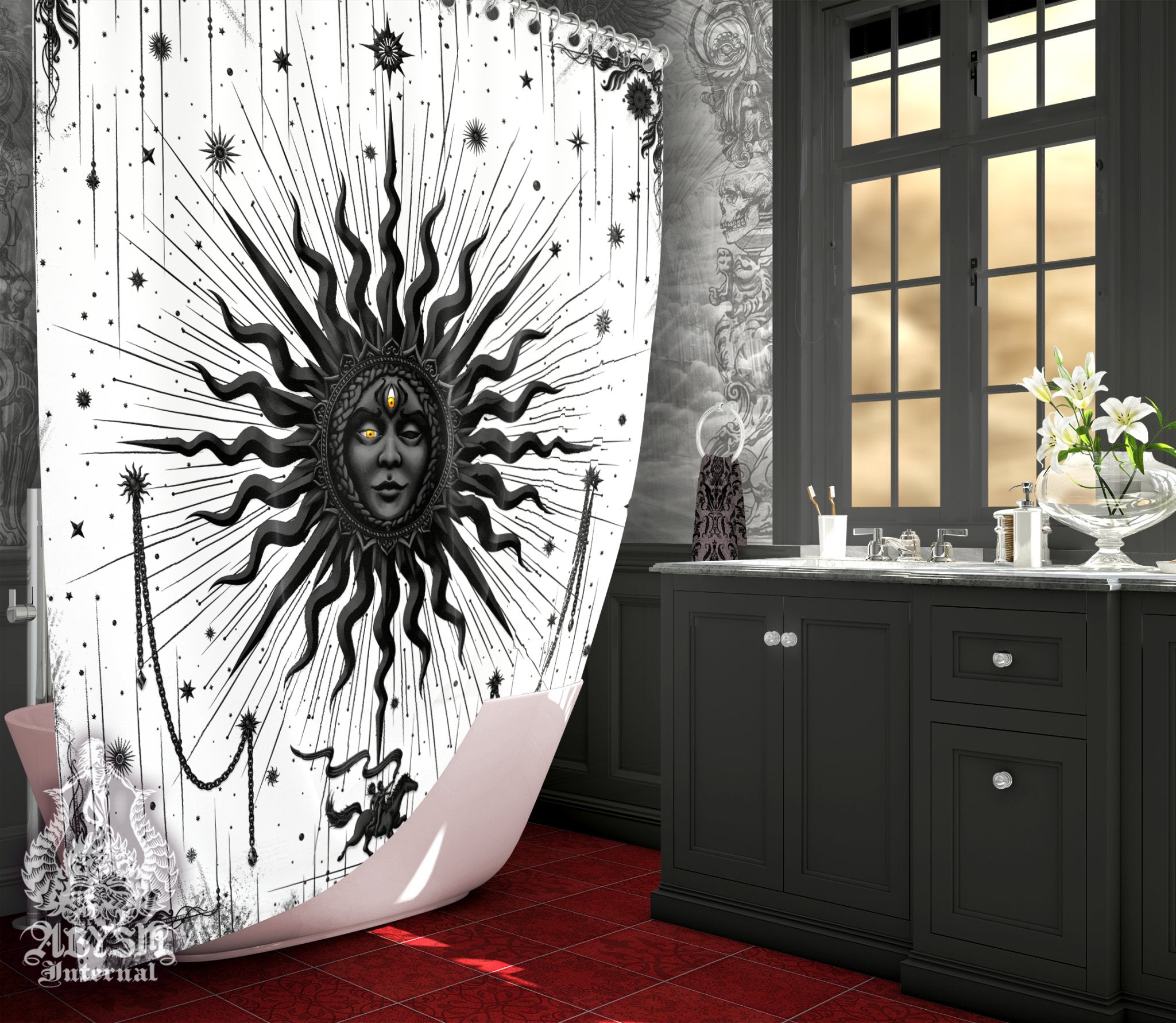 White Goth Sun Shower Curtain, 71x74 inches, Gothic Bathroom Decor, Esoteric Art Print, Tarot Arcana, Alternative Home - Black - Abysm Internal