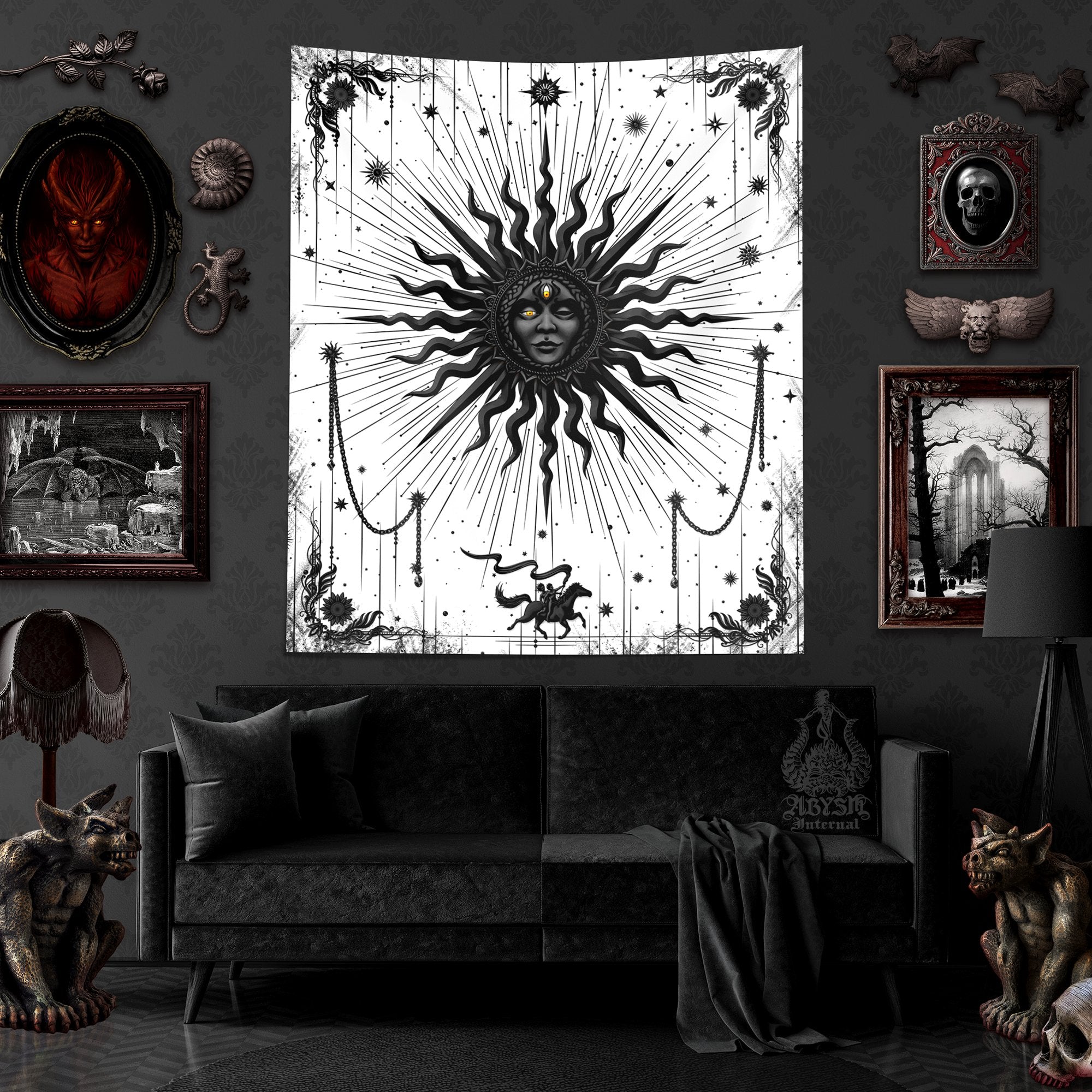 White Goth Sun Tapestry, Tarot Card Arcana Wall Hanging, Witchy Home, Magic and Esoteric Art, Gothic Witch's Room Decor, Vertical Print - Black - Abysm Internal