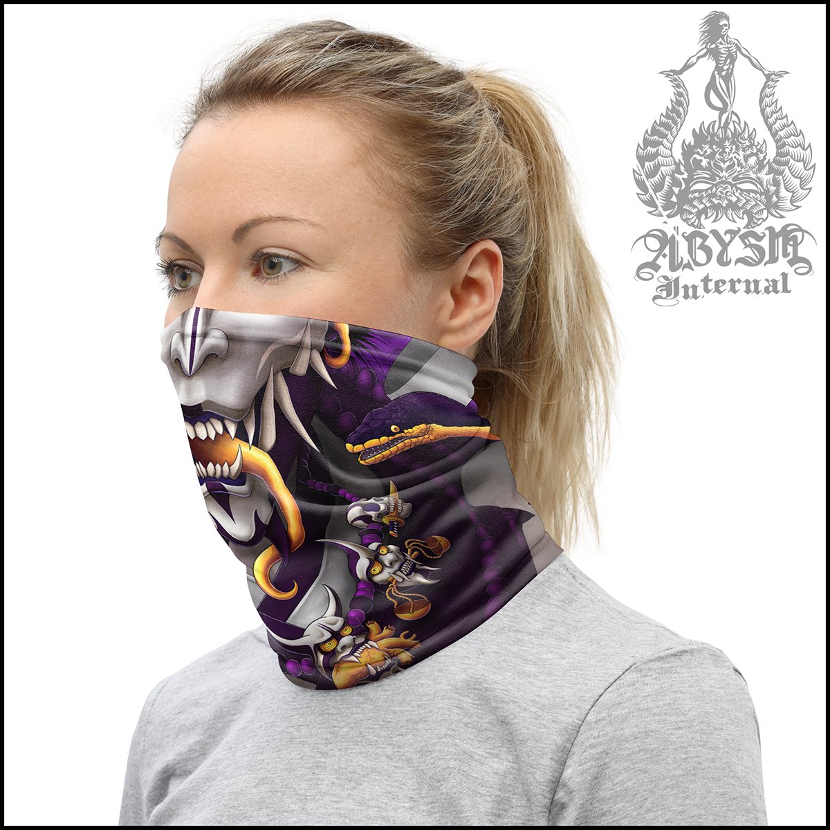 White Hannya Neck Gaiter, Demon Face Mask, Japanese Oni Printed Head Covering, Purple Goth Street Outfit, Snake, Fangs, Headband - Abysm Internal