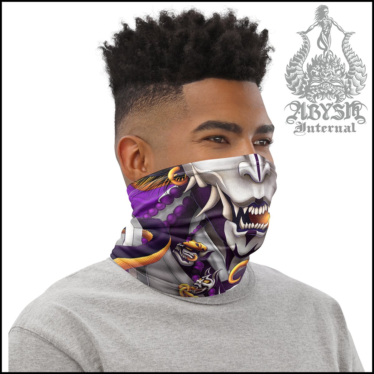 White Hannya Neck Gaiter, Demon Face Mask, Japanese Oni Printed Head Covering, Purple Goth Street Outfit, Snake, Fangs, Headband - Abysm Internal