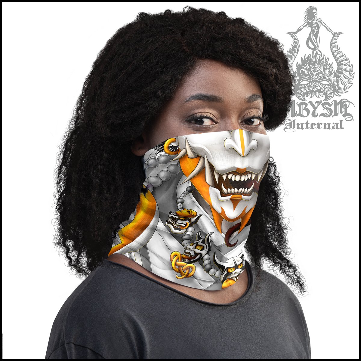 White Oni Neck Gaiter, Hannya Face Mask, Japanese Demon Printed Head Covering, Skater Street Outfit, Snake, Fangs, Headband - Gold - Abysm Internal