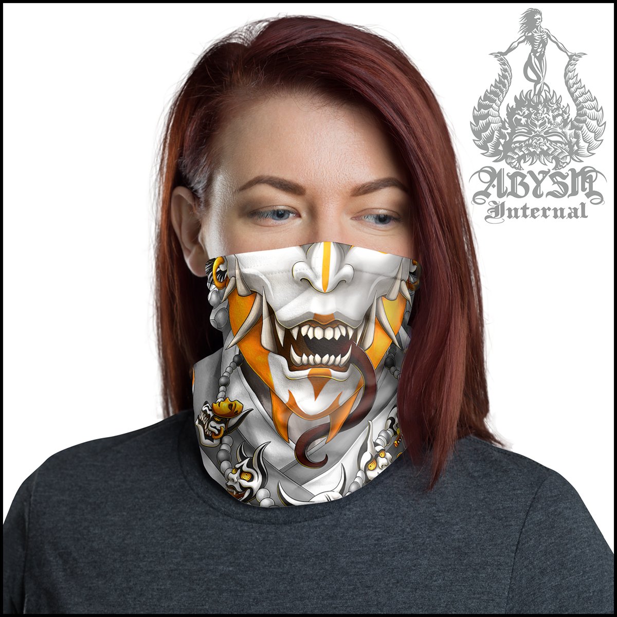White Oni Neck Gaiter, Hannya Face Mask, Japanese Demon Printed Head Covering, Skater Street Outfit, Snake, Fangs, Headband - Gold - Abysm Internal