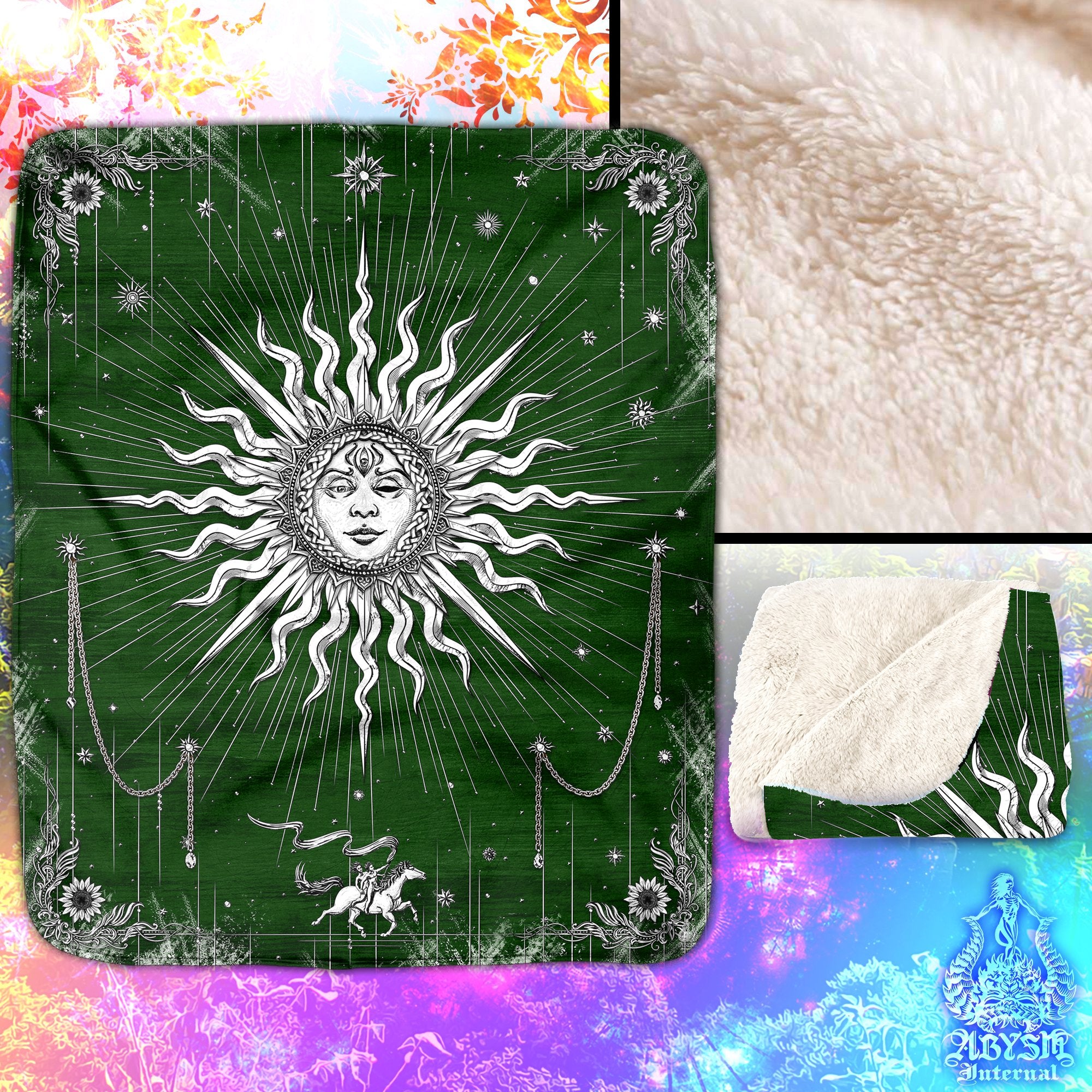 White Sun Sherpa Fleece Throw Blanket, Indie & Boho Home Decor, Esoteric Room, Tarot Arcana Art, Magic Fortune Gift - Paper, 6 Colors - Abysm Internal
