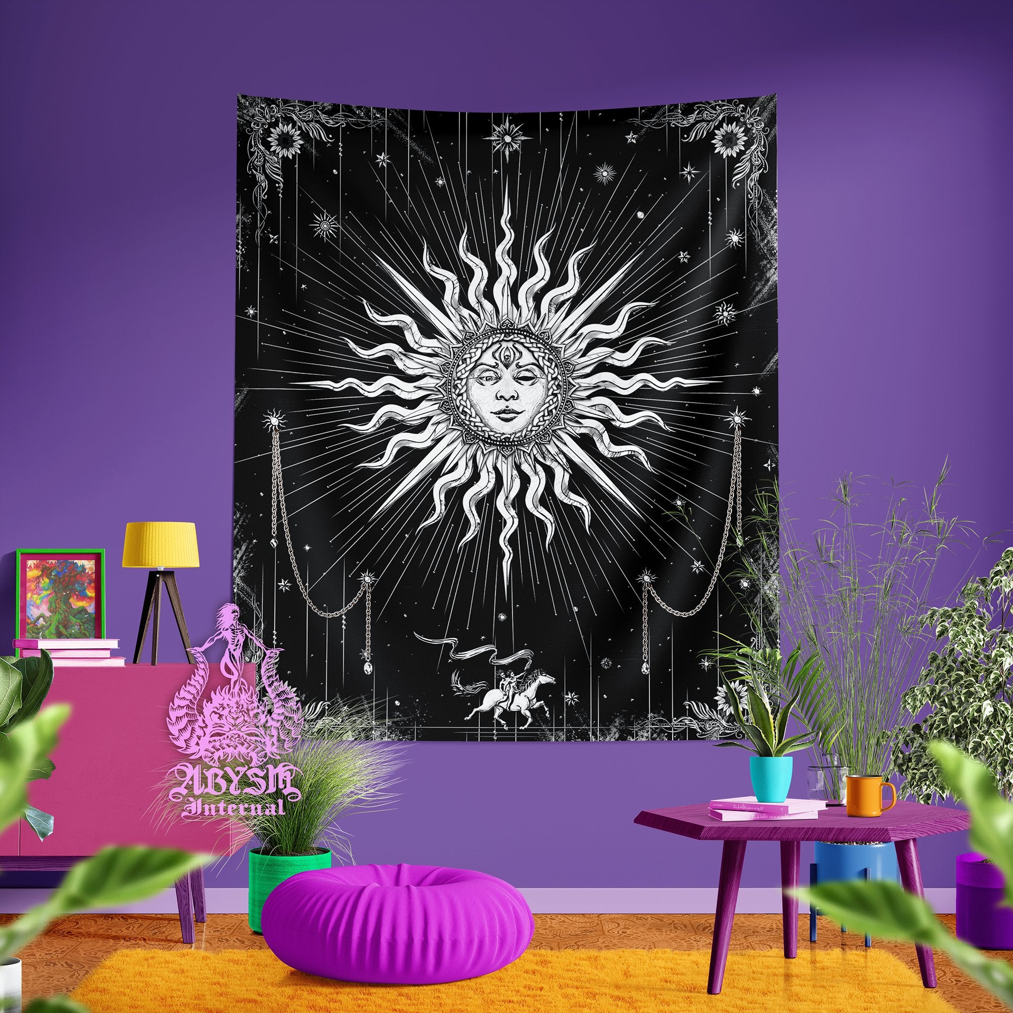 White Sun Tapestry, Tarot Card Arcana Wall Hanging, Esoteric and Magic Art, Indie and Boho Home Decor, Vertical Print - Paper, 6 Colors - Abysm Internal