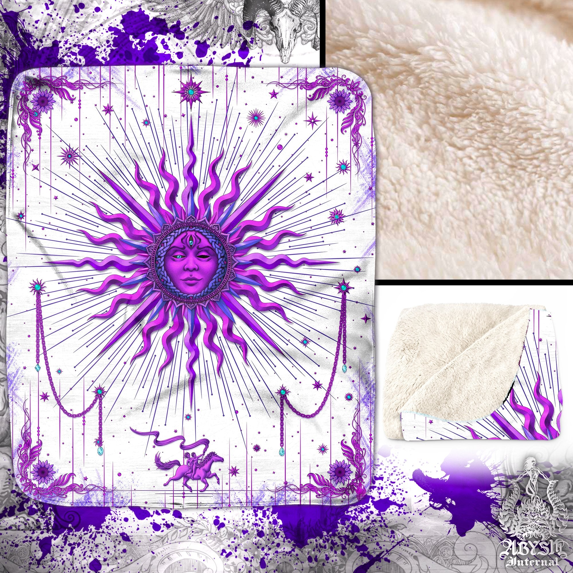 Witch Magic Sun Sherpa Fleece Throw Blanket, Tarot Arcana Art, Witchy Esoteric Room, White Goth Home Decor, Fortune Gift - Purple - Abysm Internal