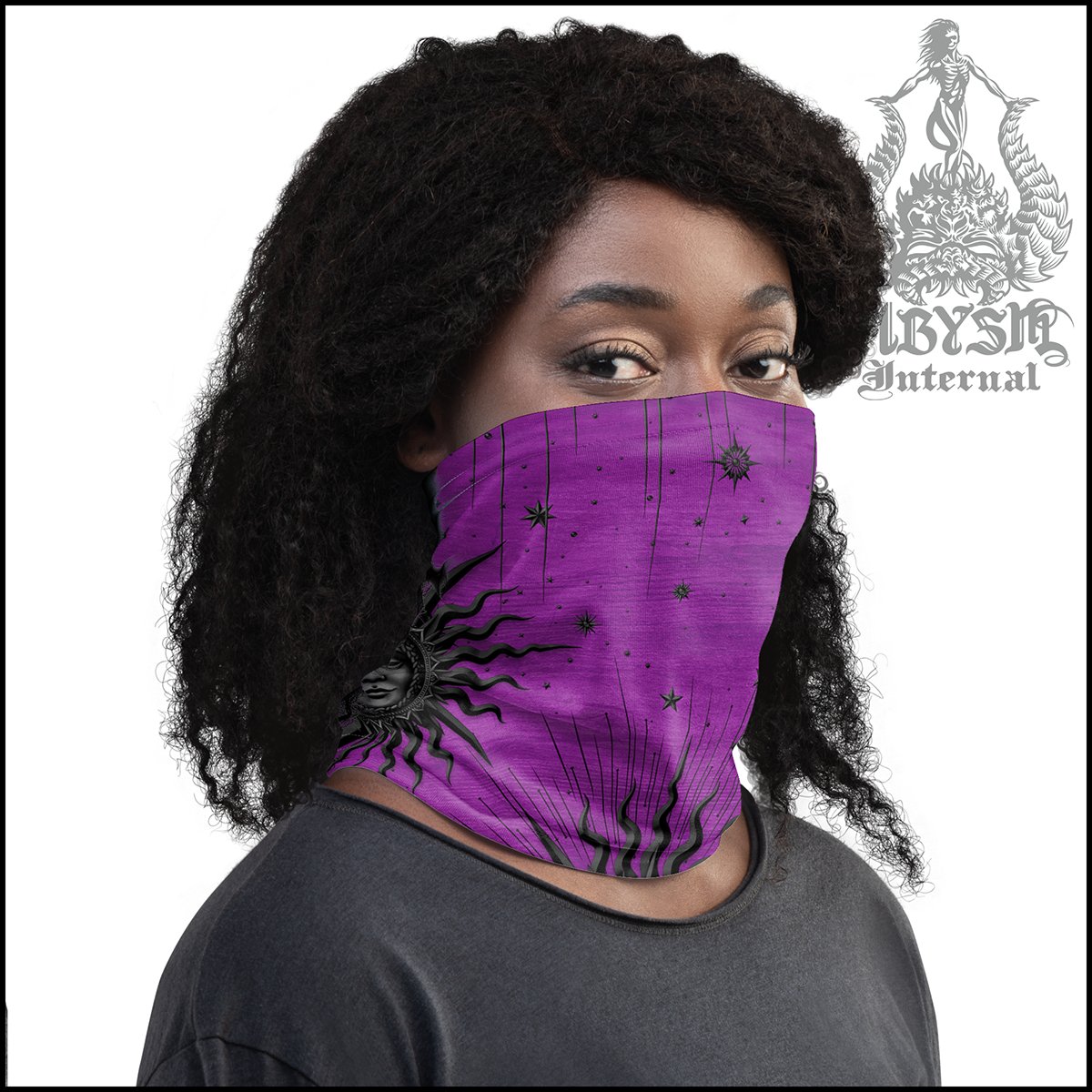 Witch Neck Gaiter, Pastel Goth Tarot Arcana Sun Face Mask, Whimsigoth Printed Head Covering, Witchy Outfit - Black, Purple - Abysm Internal
