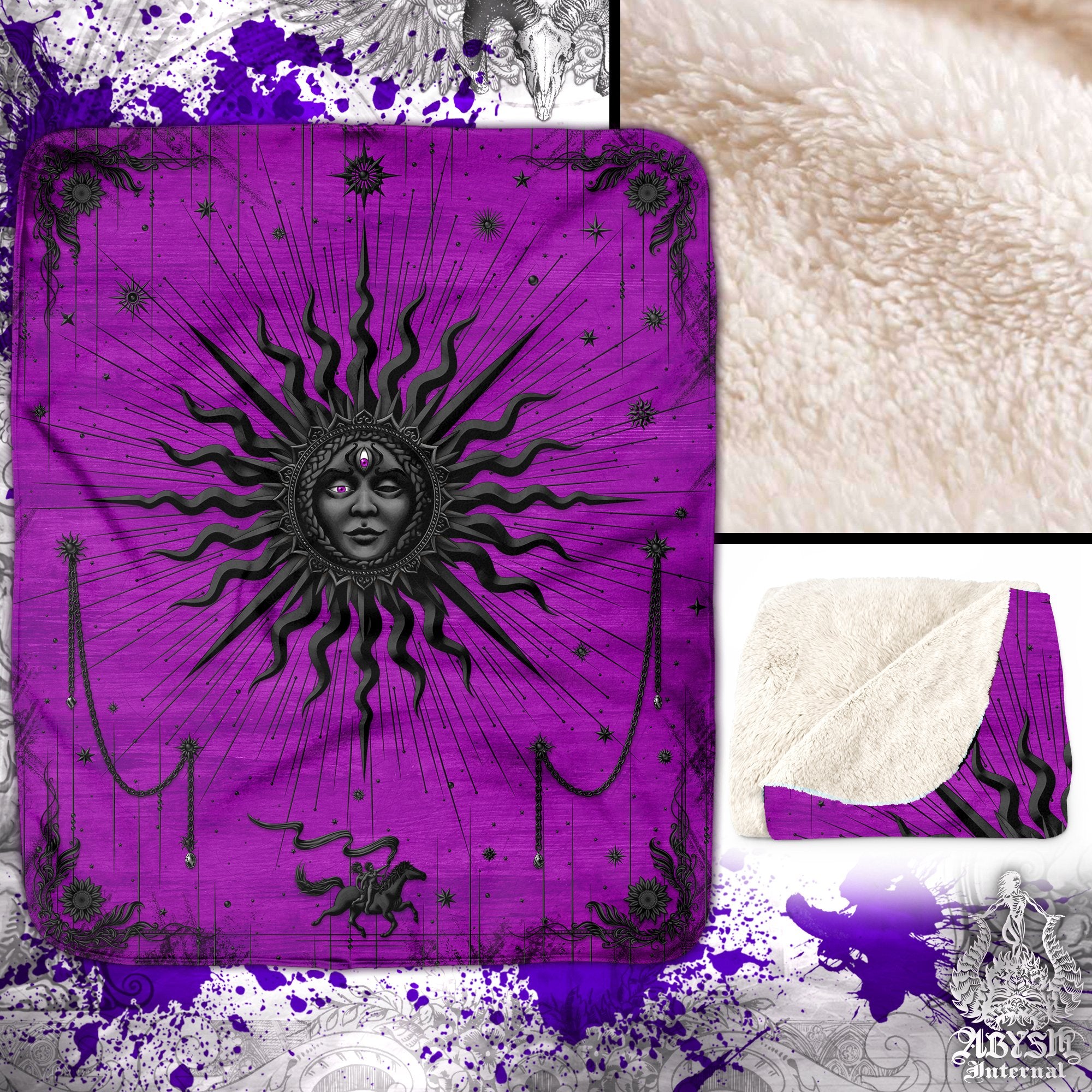 Witchy Sun Sherpa Fleece Throw Blanket, Pastel Goth Esoteric Room, Whimsigoth Tarot Arcana Art, Good Witch Home Decor, Fortune Gift - Black Purple - Abysm Internal