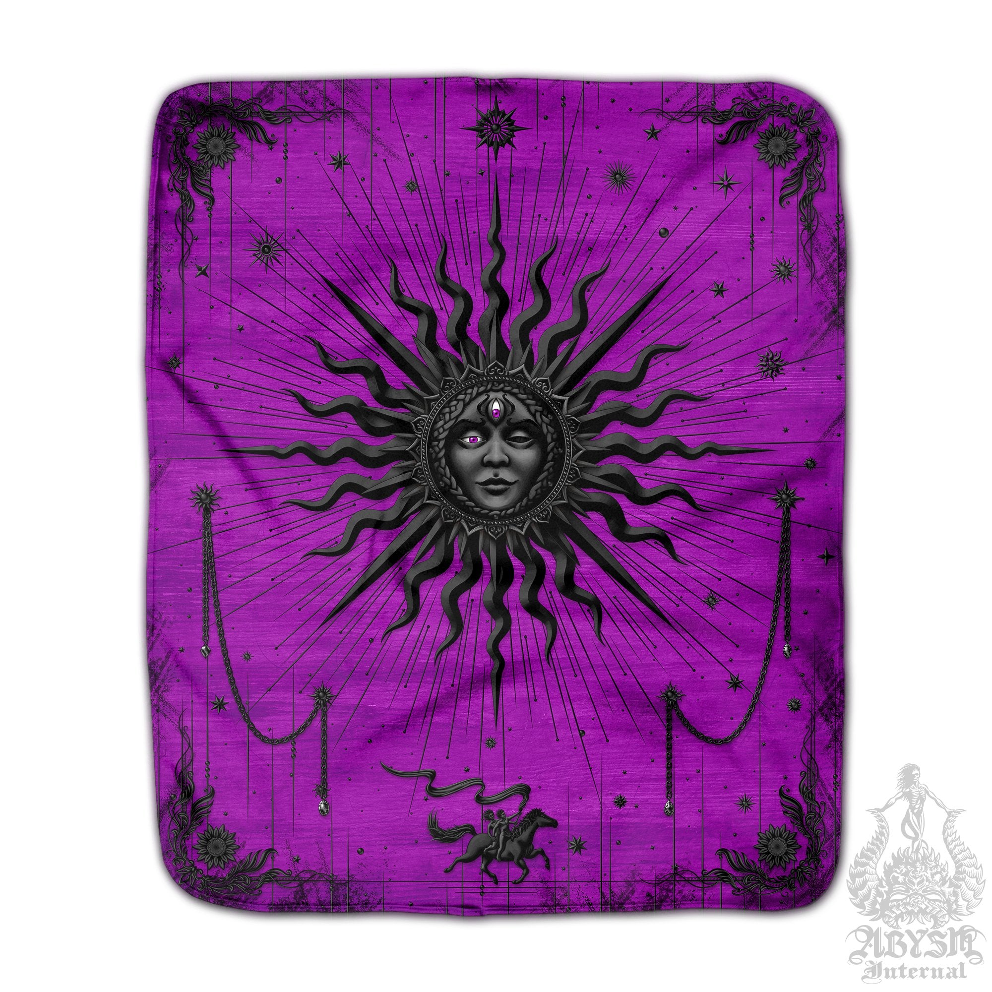 Witchy Sun Sherpa Fleece Throw Blanket, Pastel Goth Esoteric Room, Whimsigoth Tarot Arcana Art, Good Witch Home Decor, Fortune Gift - Black Purple - Abysm Internal