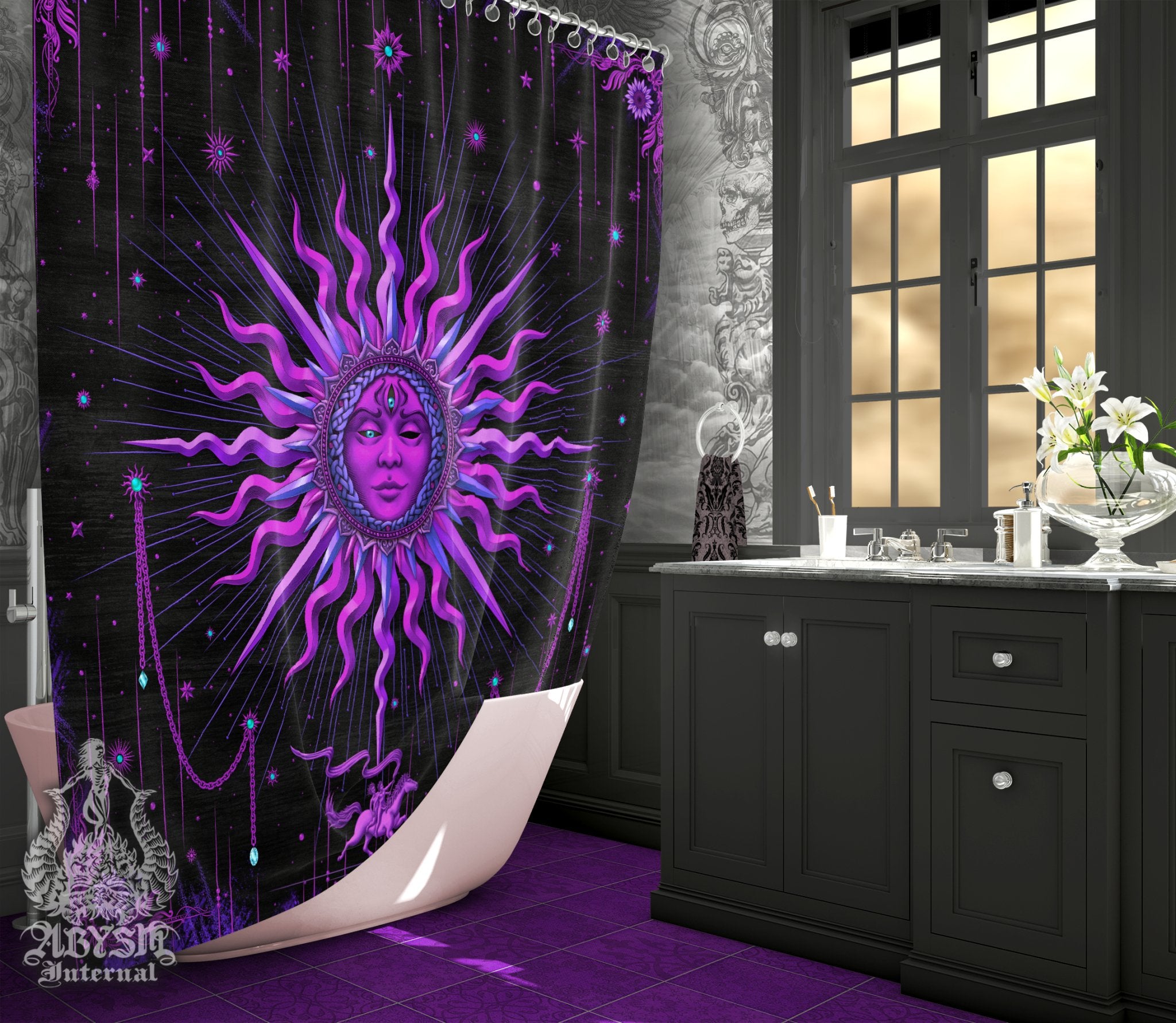 Witchy Sun Shower Curtain, 71x74 inches, Pastel Goth Bathroom Decor, Esoteric Art Print, Tarot Arcana, Whimsigoth Home - Black Purple - Abysm Internal
