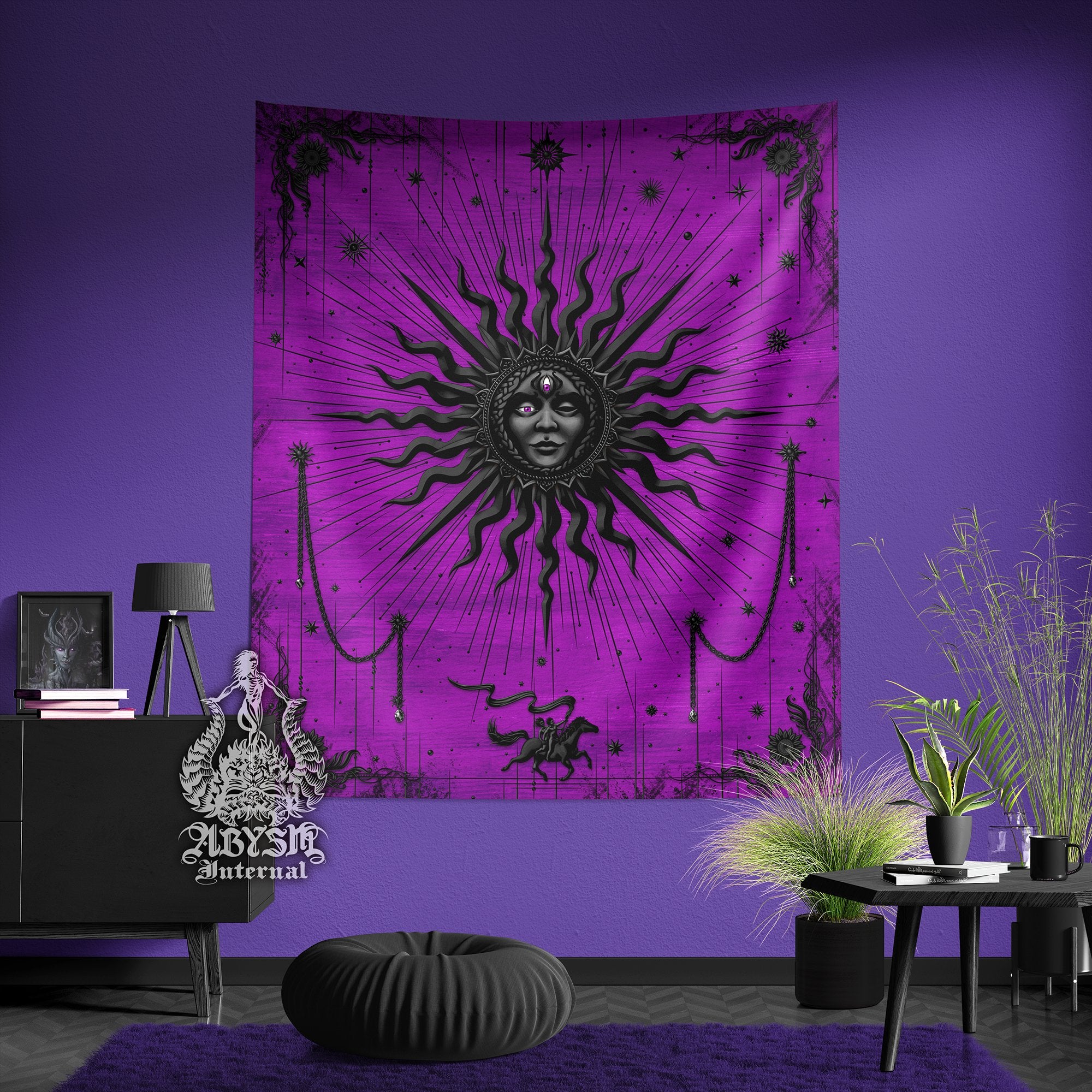 Witchy Sun Tapestry, Gothic Tarot Card Arcana Wall Hanging, Whimsical Witch's Room Decor, Pastel Goth Home, Magic and Esoteric Art, Vertical Print - Black Purple - Abysm Internal