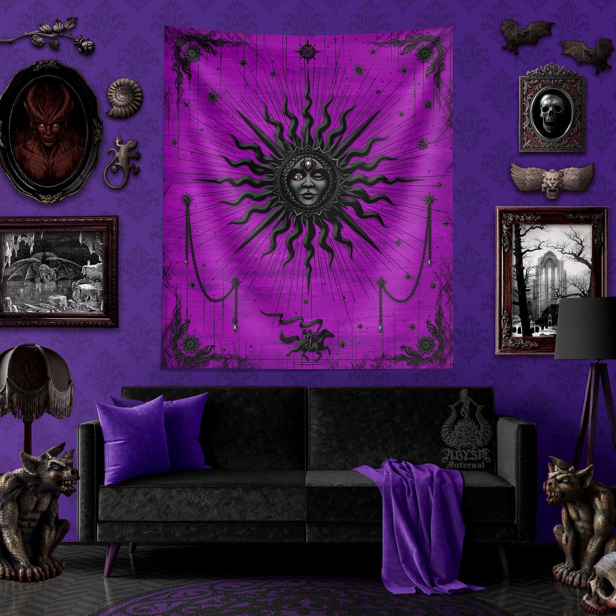 Witchy Sun Tapestry, Gothic Tarot Card Arcana Wall Hanging, Whimsical Witch's Room Decor, Pastel Goth Home, Magic and Esoteric Art, Vertical Print - Black Purple - Abysm Internal