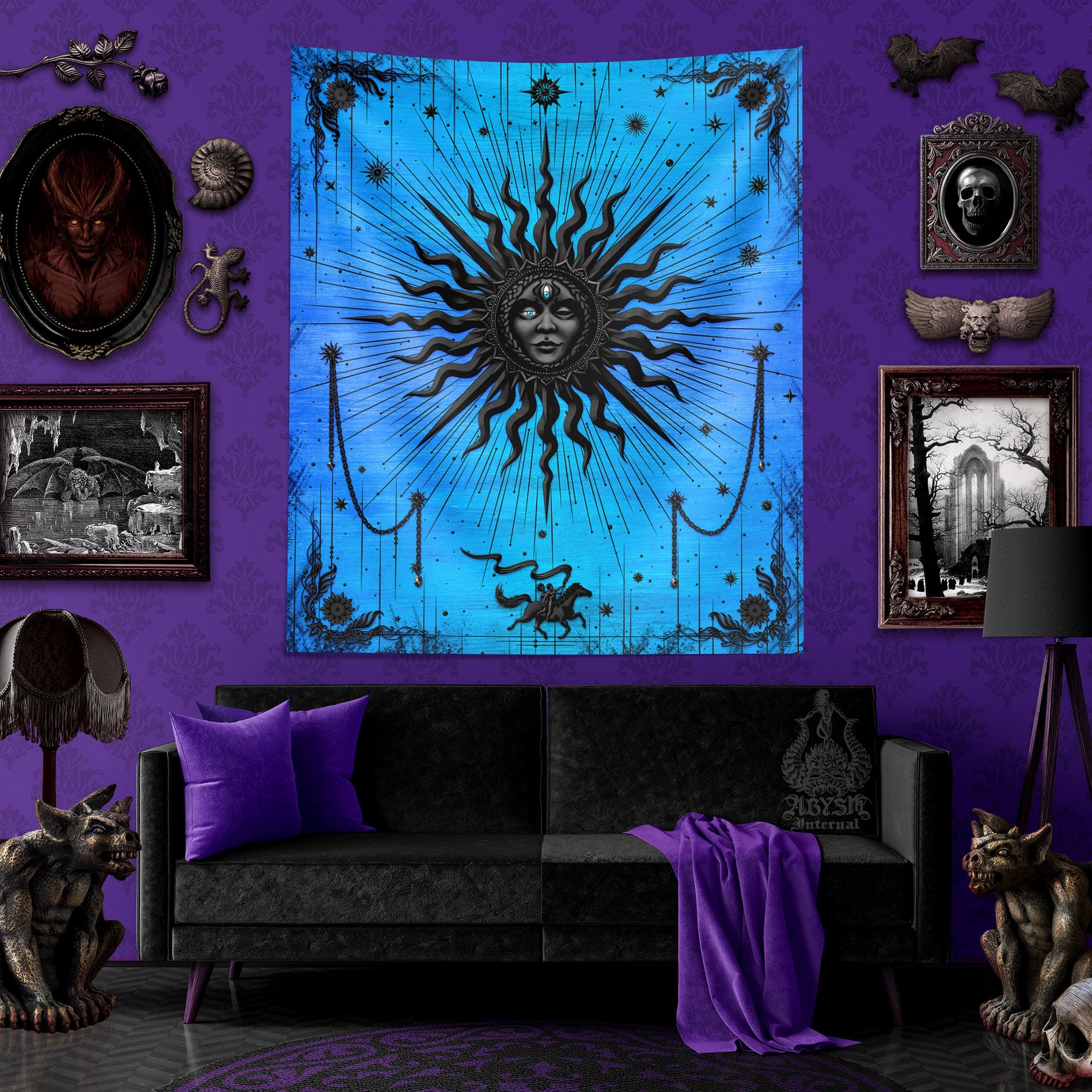 Witchy Sun Tapestry, Tarot Card Arcana Wall Hanging, Magic and Esoteric Art, Fortune Teller and Witch's Room Decor, Vertical Print - Cyan Blue - Abysm Internal