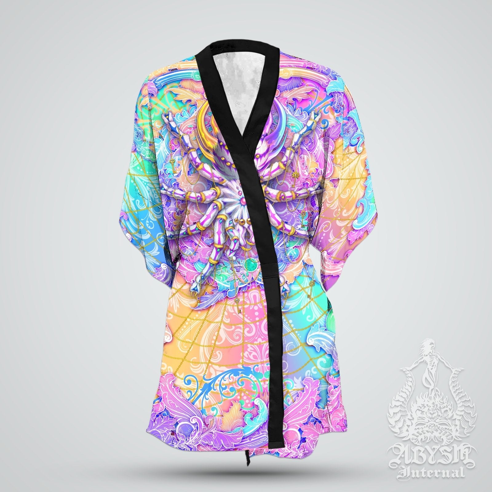 Aesthetic Cover Up, Psychedelic Beach Rave Outfit, Rave Party Kimono, Summer Festival Robe, Holographic Pastel Clothing, Unisex - Tarantula Spider - Abysm Internal