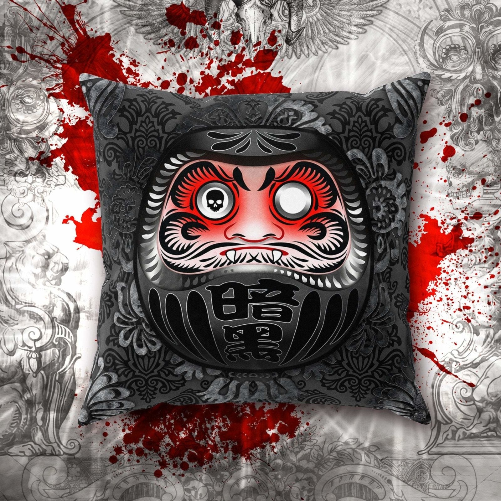 Black Daruma Throw Pillow, Decorative Accent Pillow, Square Cushion Cover,  Goth Japanese Art, Eclectic Room Decor