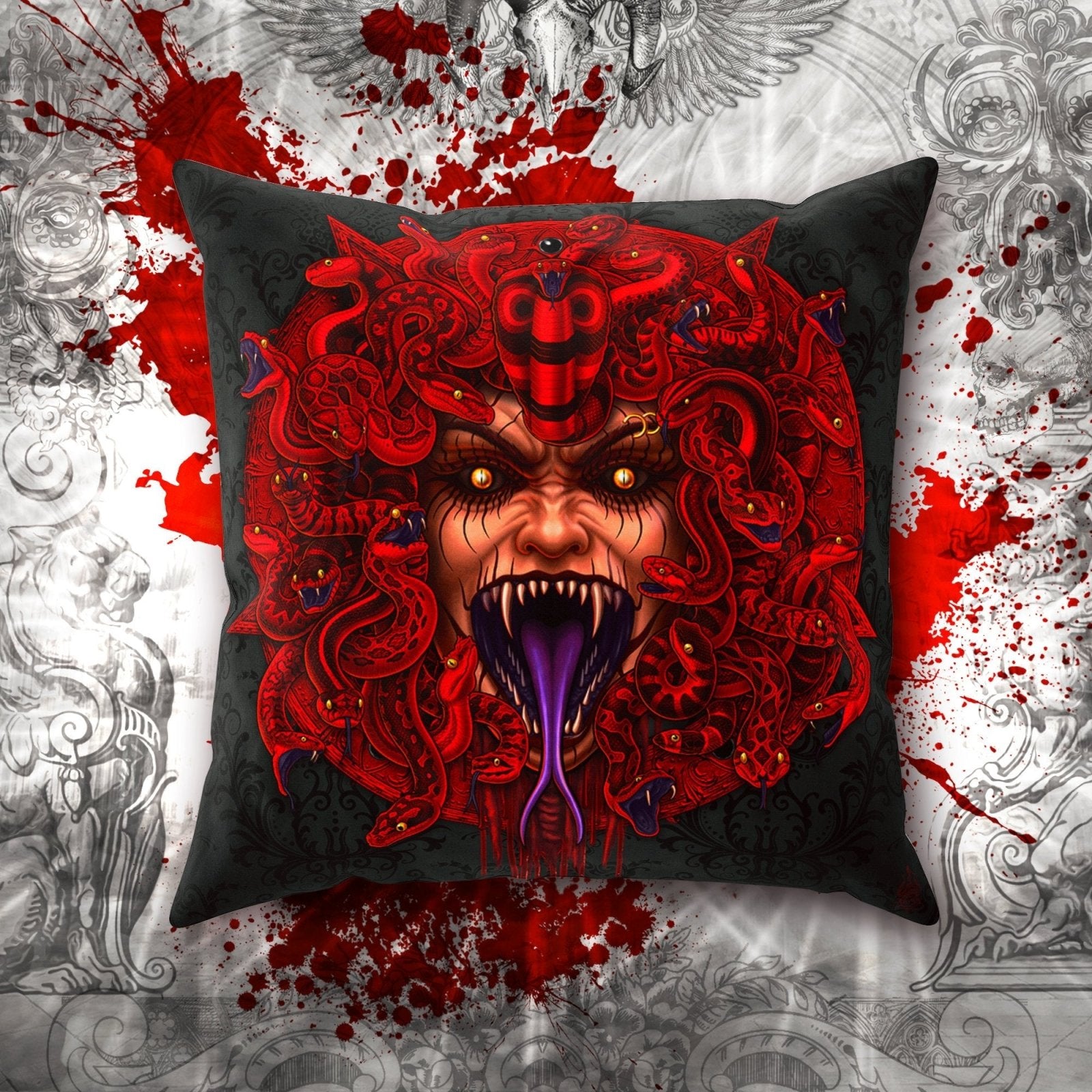 Demon Throw Pillow, Decorative Accent Cushion, Medusa, Satanic and Gothic Room Decor, Horror Art, Alternative Home - Red Pentagram & Snakes, Rage - Abysm Internal