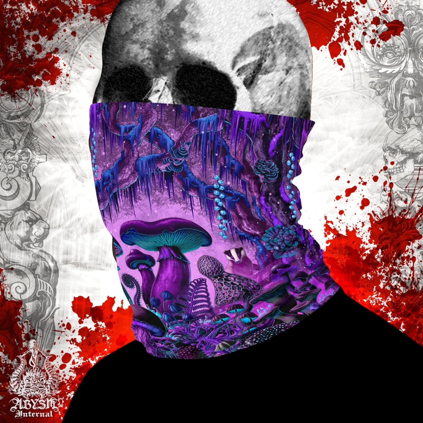 Gothic Mushrooms Neck Gaiter, Pastel Goth Face Mask, Head Covering, Magic Shrooms Art, Indie Festival Outfit, Mycologyst Gift - Purple - Abysm Internal