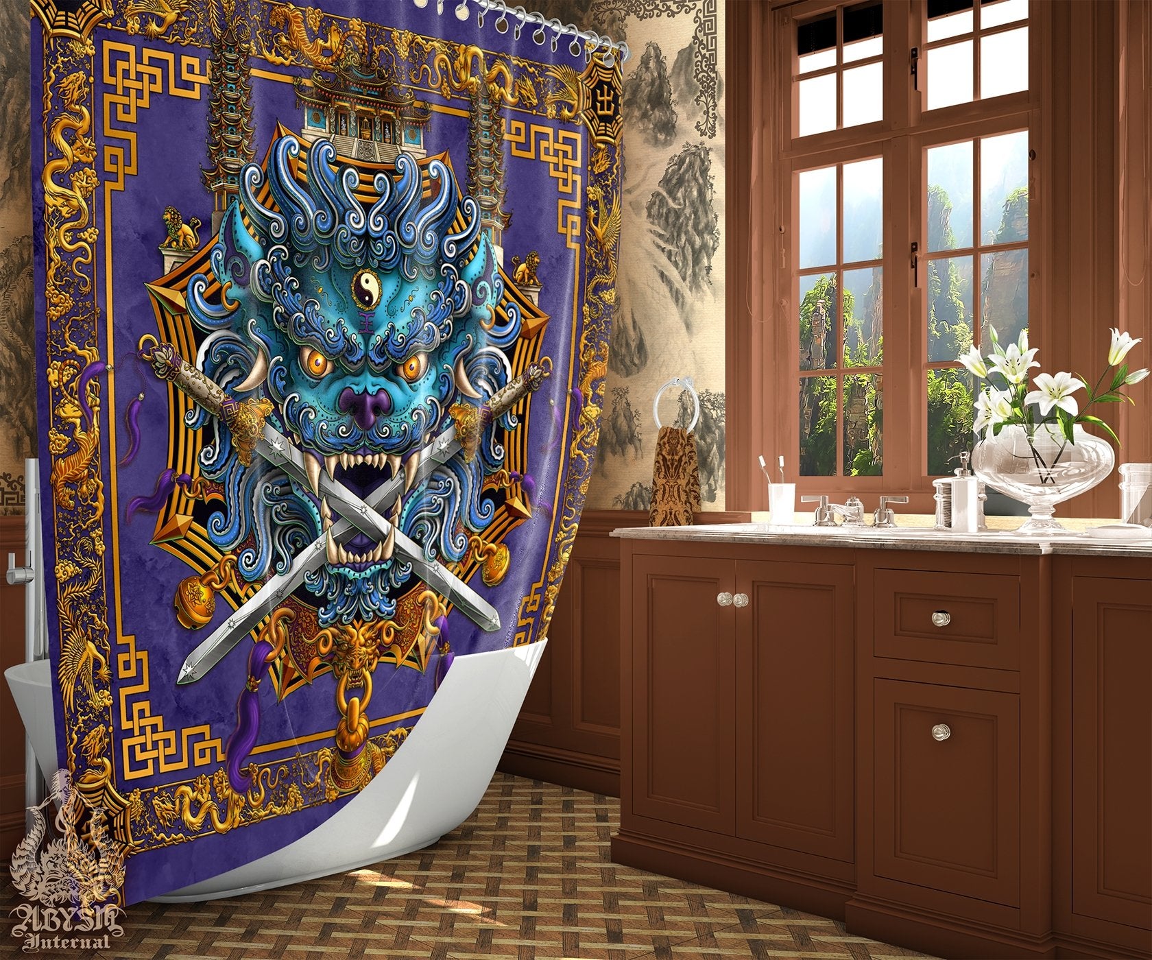 Lion Shower Curtain, Taiwan Sword Lion, Chinese Bathroom, Alternative Fantasy Decor, Asian Mythology - Blue and Purple - Abysm Internal