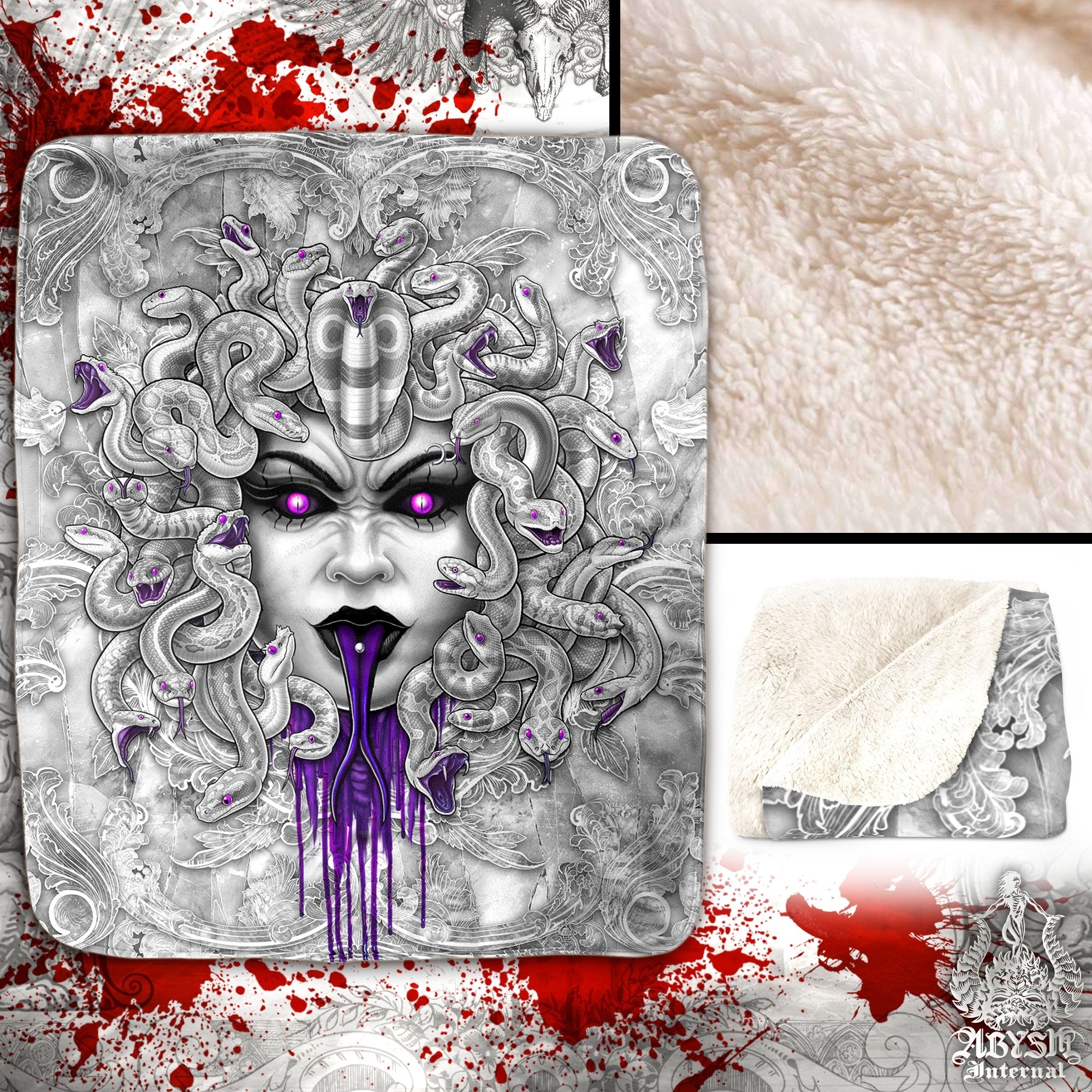 Medusa Throw Fleece Blanket, Horror and Gothic Home Decor - White Goth & Purple, Mocking - Abysm Internal