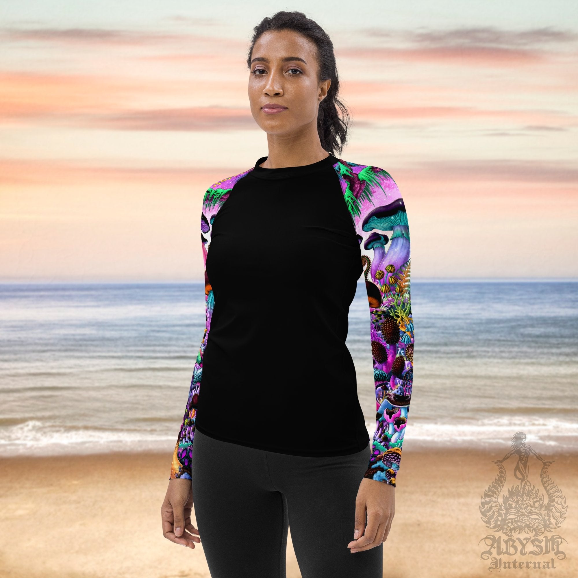 Mushrooms Sleeves Women's Rash Guard, Pastel and Black Long Sleeve spandex  shirt for surfing, swimsuit top for water sports, Fantasy Art - Magic  Shrooms