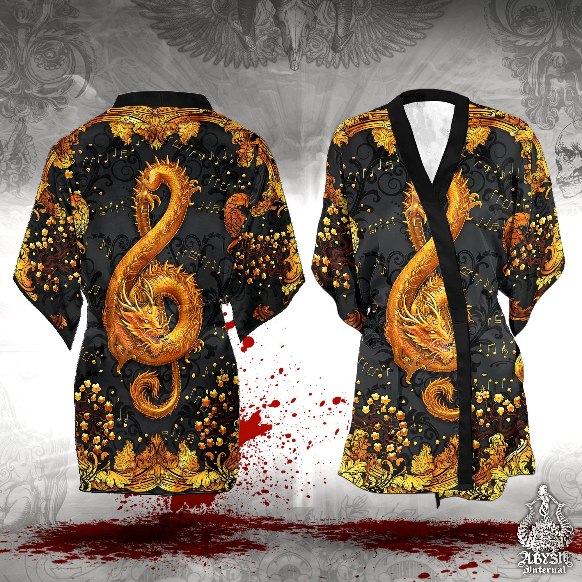 Music Short Kimono Robe, Beach Party Outfit, Coverup, Summer Festival,  Indie and Alternative Clothing, Unisex - Dragon, Gold Black